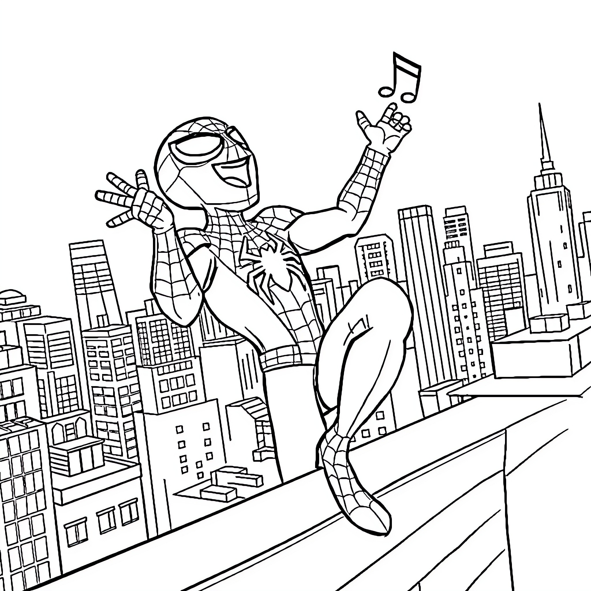 Spider-Man swinging joyfully through the city skyline Coloring Page (free black-and-white line drawing printable PDF for all, from beginners to advanced learners, including children, teens, adults, and seniors)
