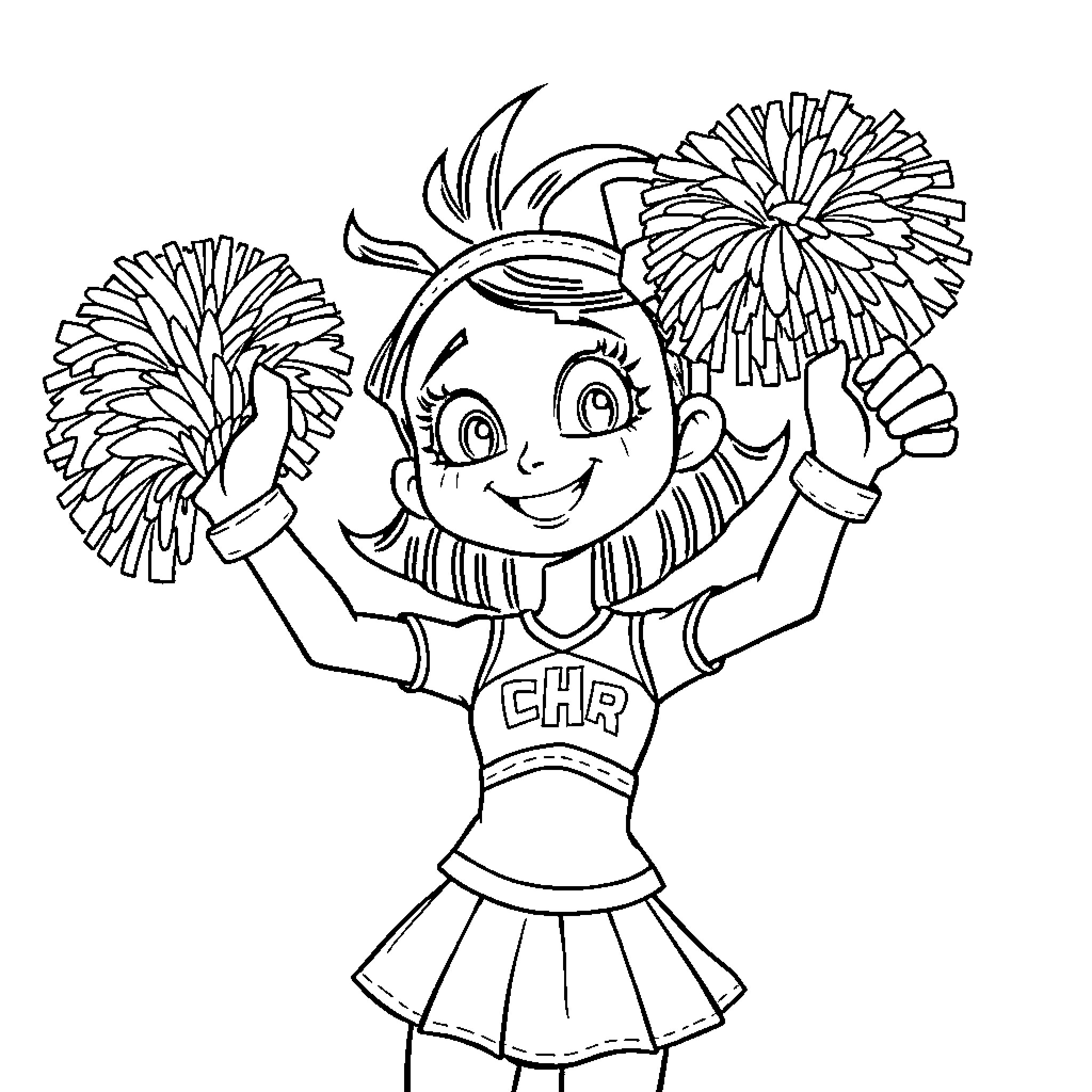 Coraline Cheerleader Celebrating with Pom-Poms Coloring Page (free black-and-white line drawing printable PDF for all, from beginners to advanced learners, including children, teens, adults, and seniors)