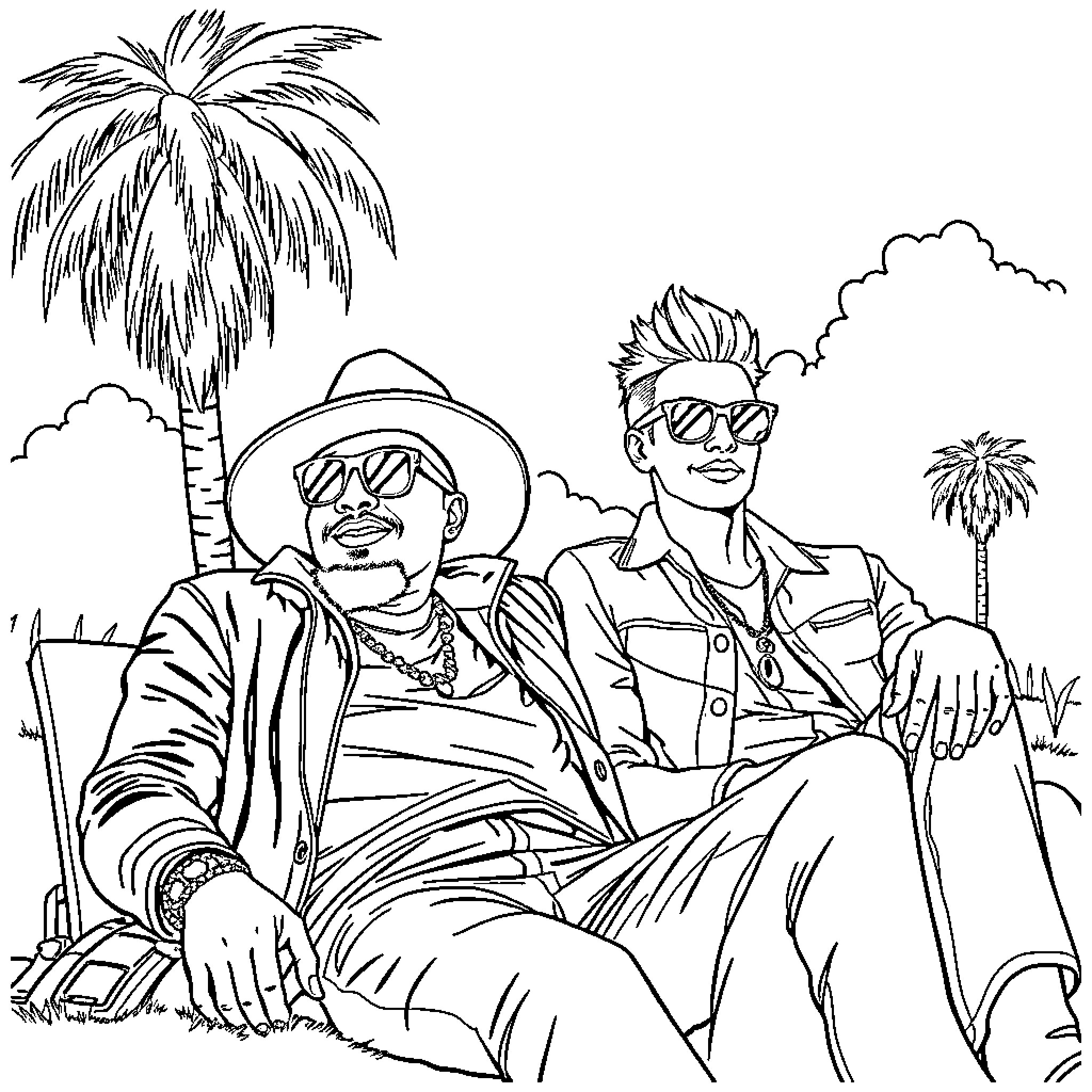 Kodak Black enjoying a casual day with friends in a tropical setting Coloring Page (free black-and-white line drawing printable PDF for all, from beginners to advanced learners, including children, teens, adults, and seniors)