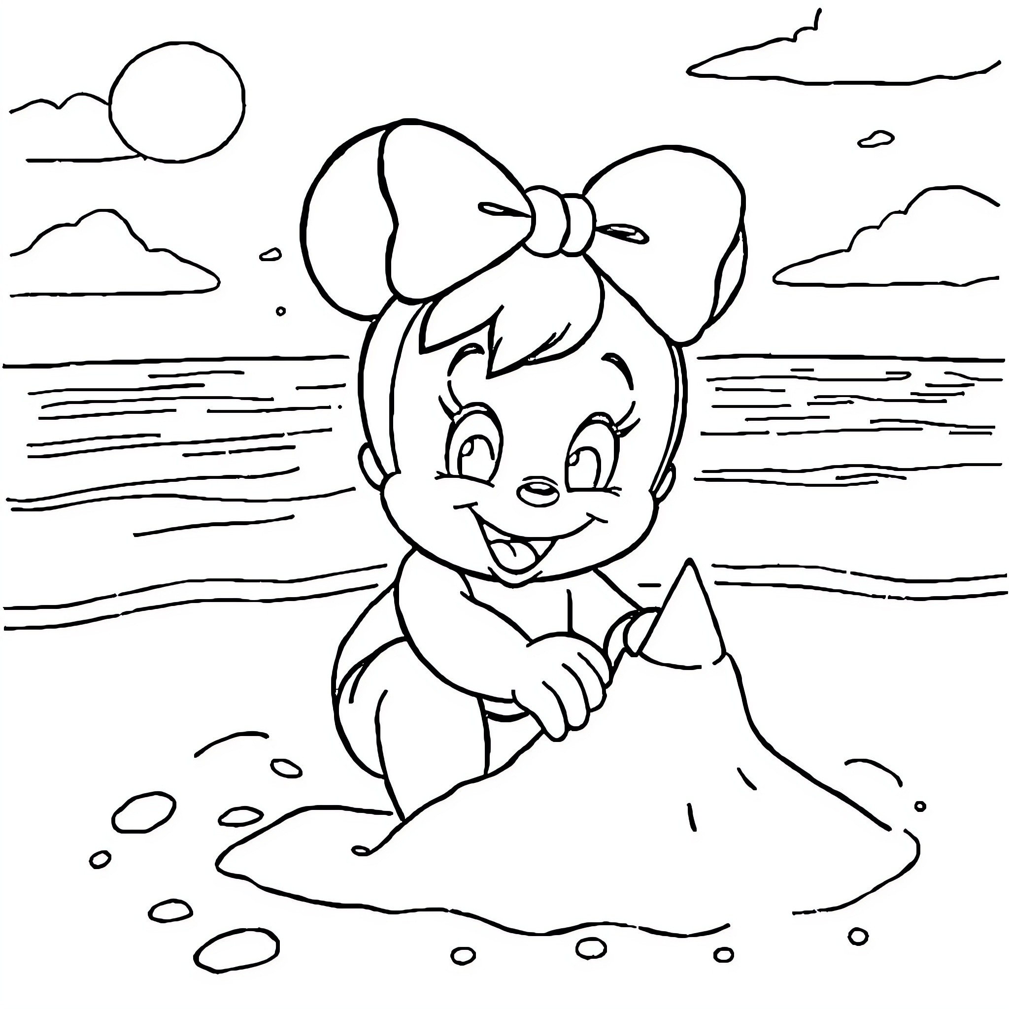 Minnie enjoying a day at the beach Coloring Page (free black-and-white line drawing printable PDF for all, from beginners to advanced learners, including children, teens, adults, and seniors)