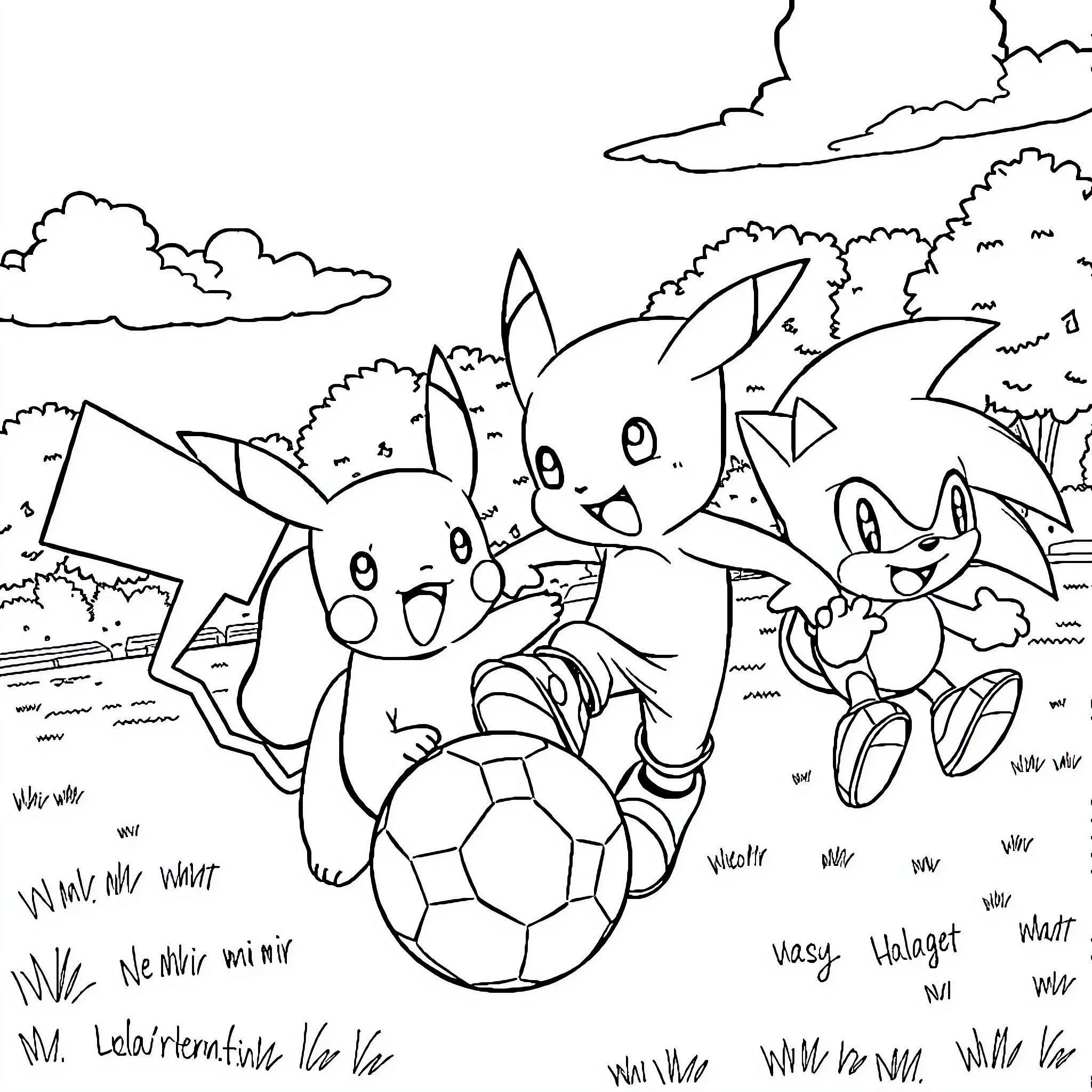 Pokémon Characters Playing with Soccer Ball in Outdoor Scene Coloring Page (free black-and-white line drawing printable PDF for all, from beginners to advanced learners, including children, teens, adults, and seniors)