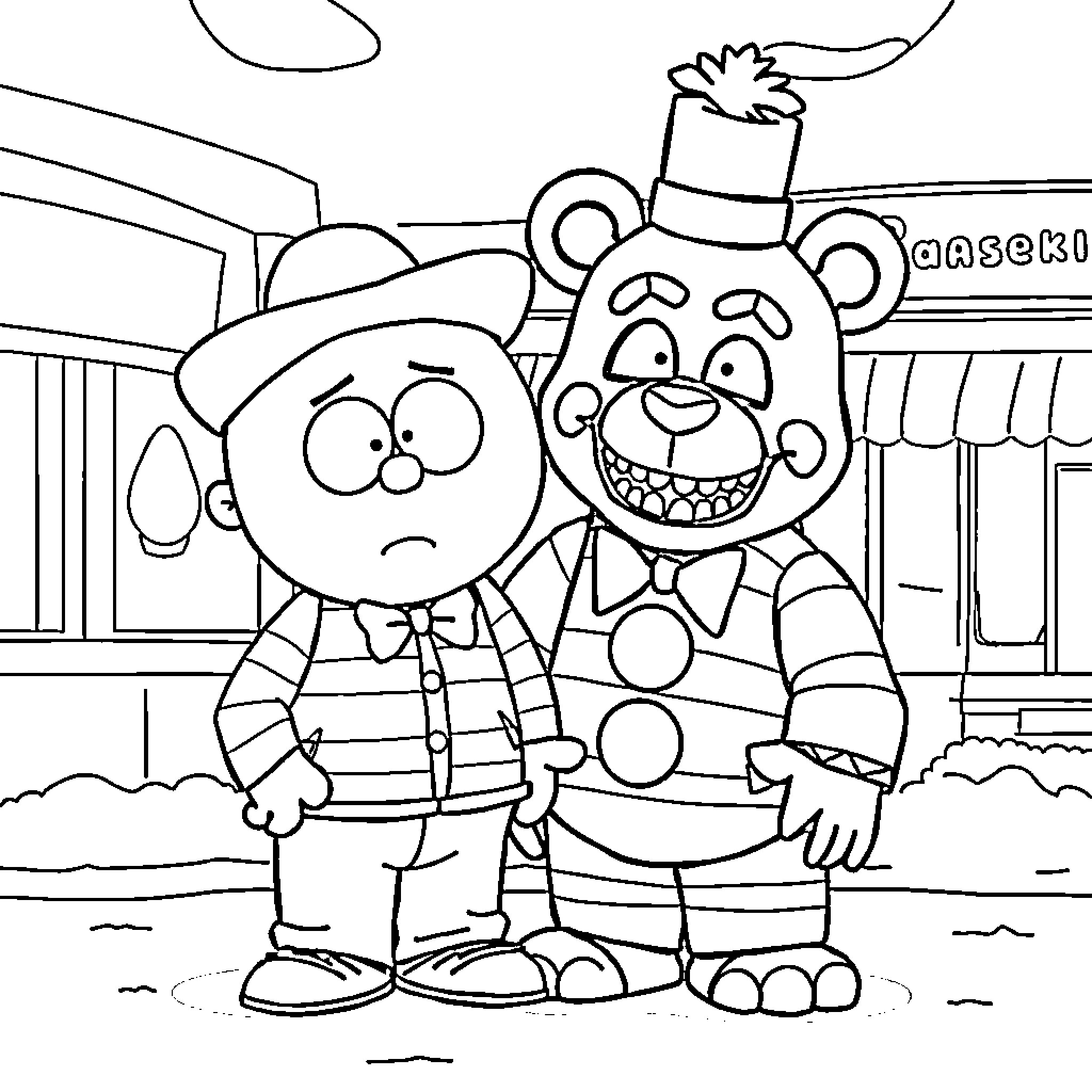 Cartman and Teddy Bear in Cartoon Town Coloring Page (free black-and-white line drawing printable PDF for all, from beginners to advanced learners, including children, teens, adults, and seniors)