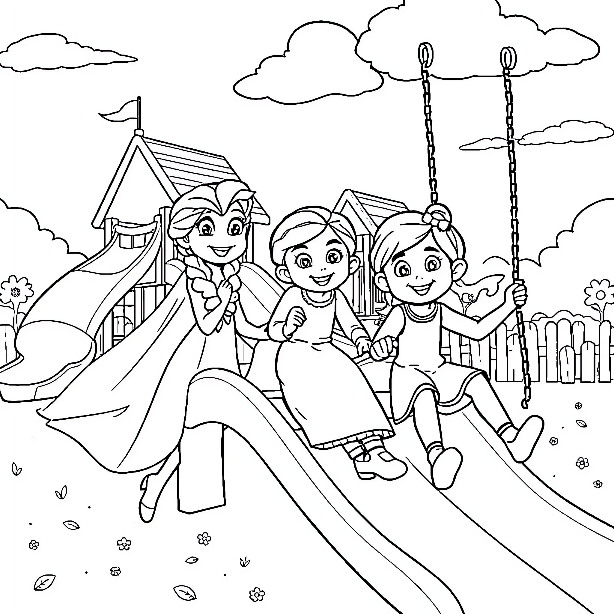 Elsa and friends playing on the playground Coloring Page (free black-and-white line drawing printable PDF for all, from beginners to advanced learners, including children, teens, adults, and seniors)