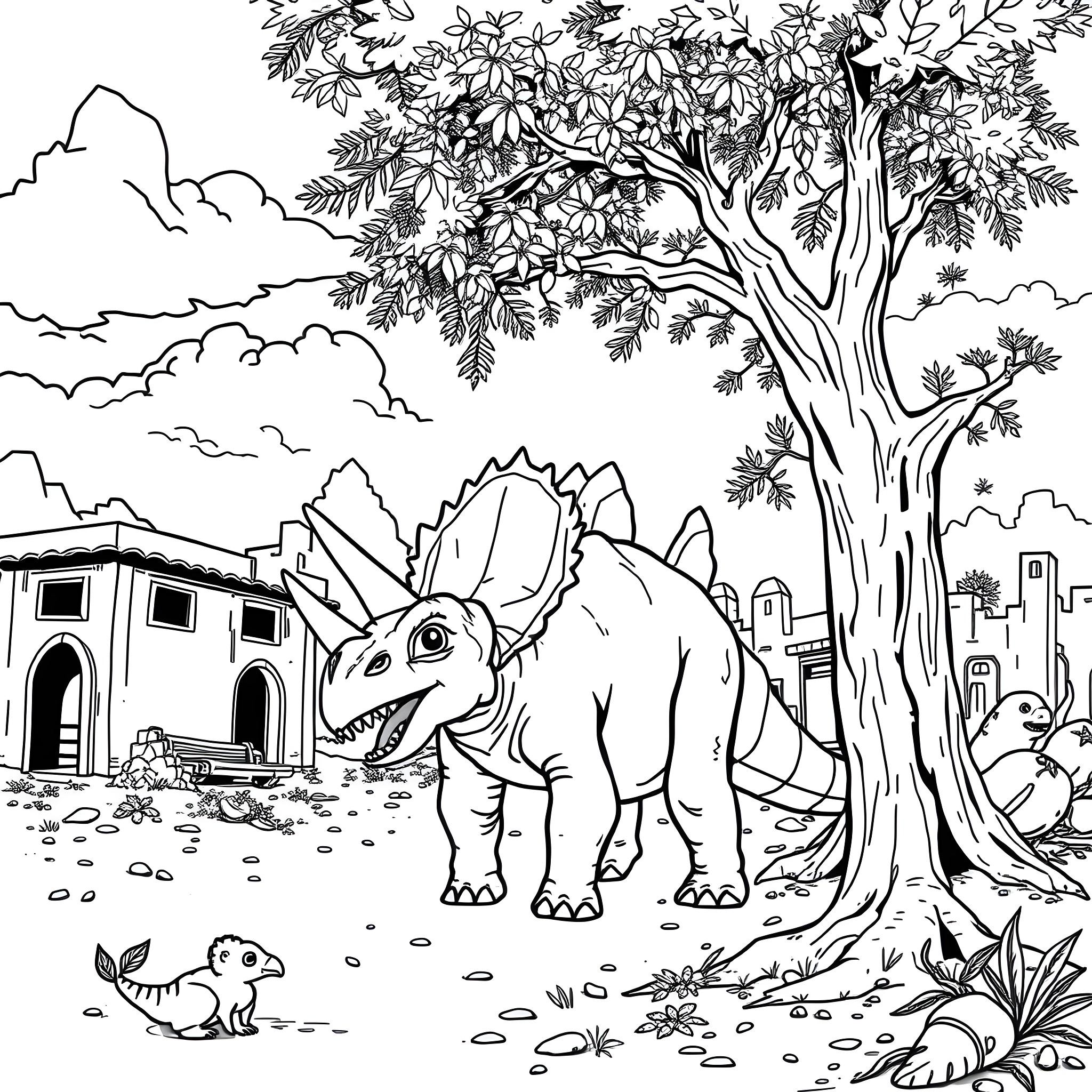 Triceratops exploring the prehistoric landscape Coloring Page (free black-and-white line drawing printable PDF for all, from beginners to advanced learners, including children, teens, adults, and seniors)