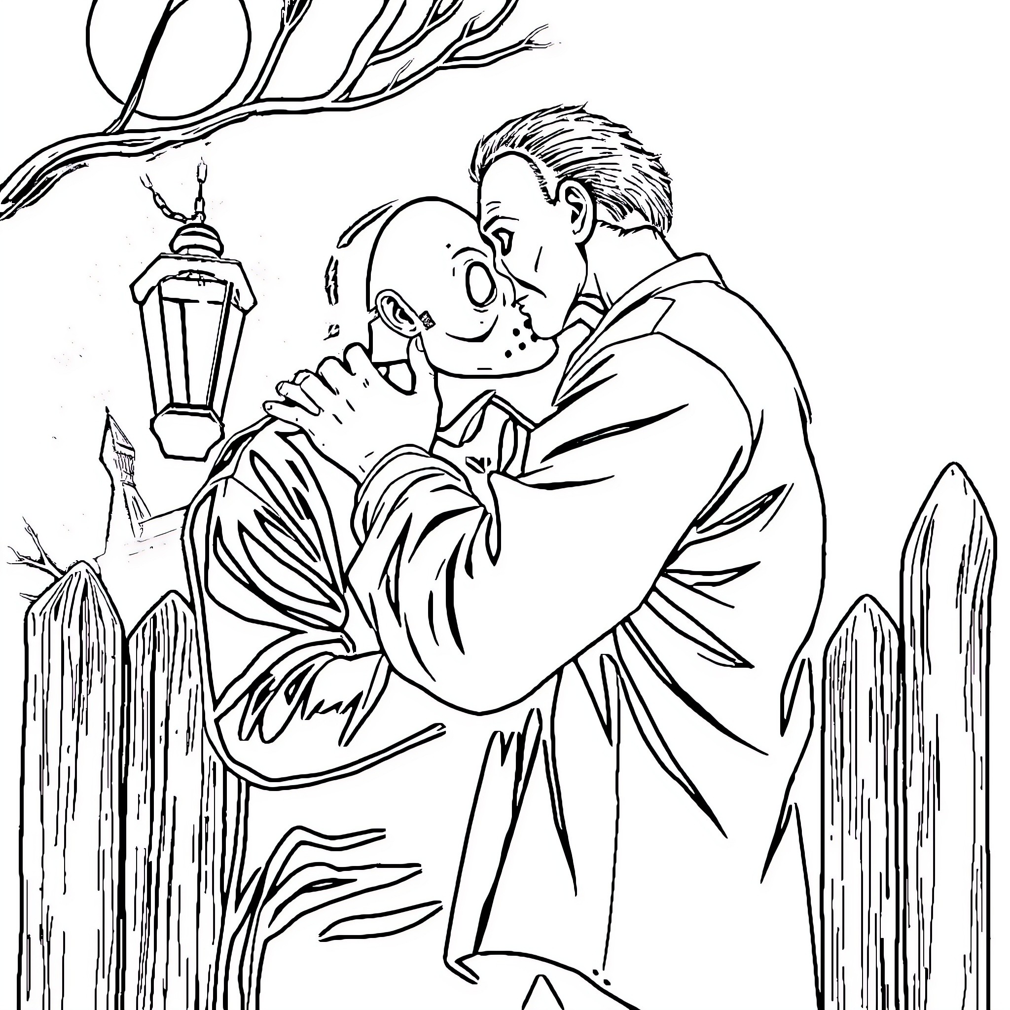 Ghostface approaching a frightened individual in the dark Coloring Page (free black-and-white line drawing printable PDF for all, from beginners to advanced learners, including children, teens, adults, and seniors)