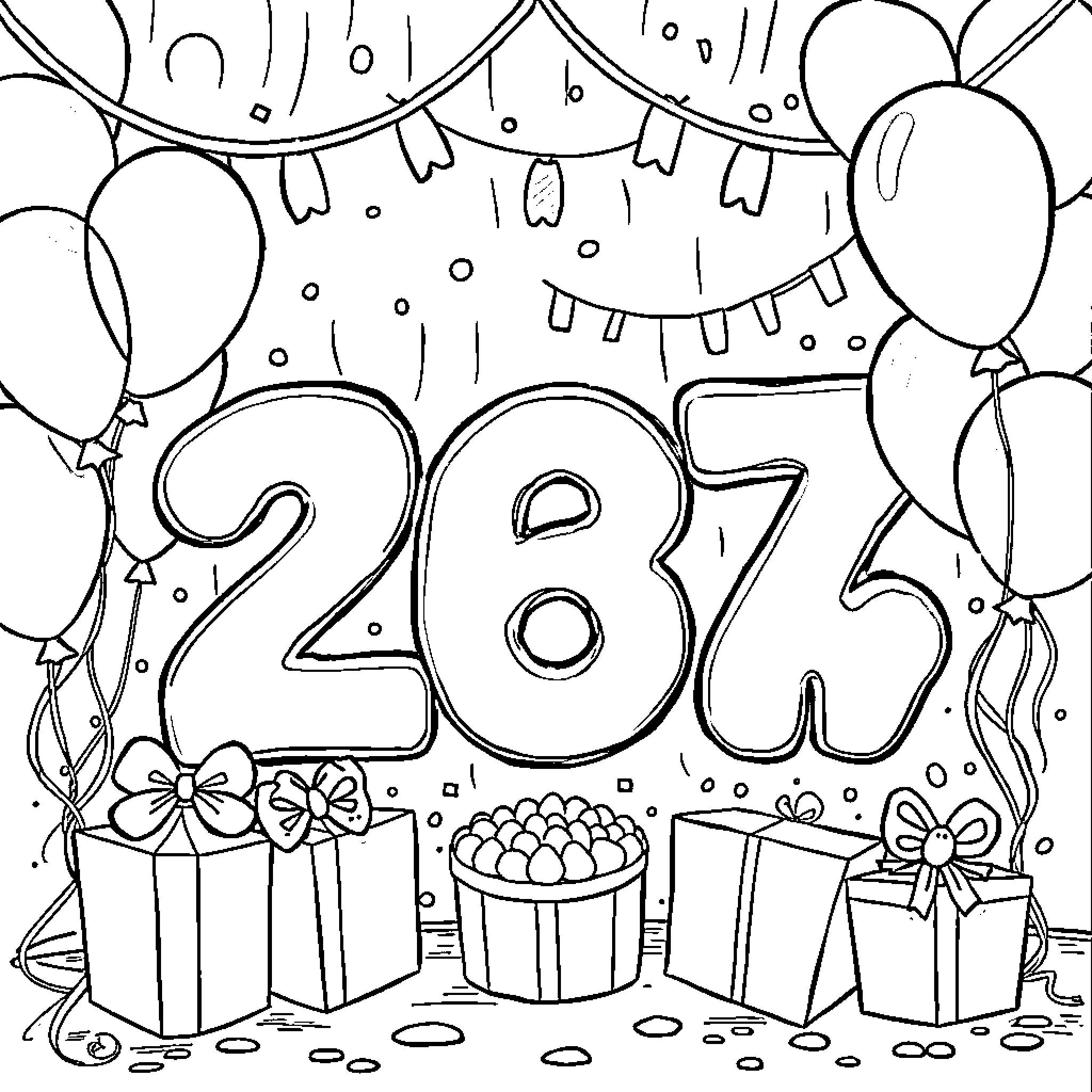 Number 28th Birthday Celebration Doodle Coloring Page (free black-and-white line drawing printable PDF for all, from beginners to advanced learners, including children, teens, adults, and seniors)