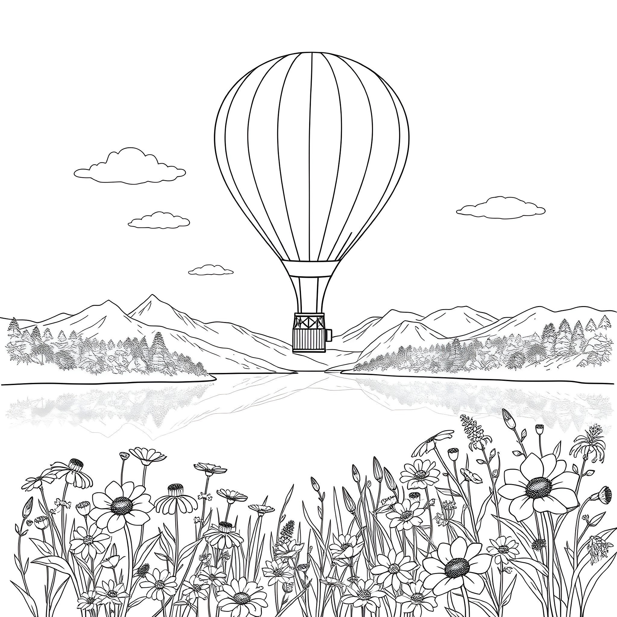 Hot Air Balloon Floating Over Scenic Landscape Coloring Page (free black-and-white line drawing printable PDF for all, from beginners to advanced learners, including children, teens, adults, and seniors)