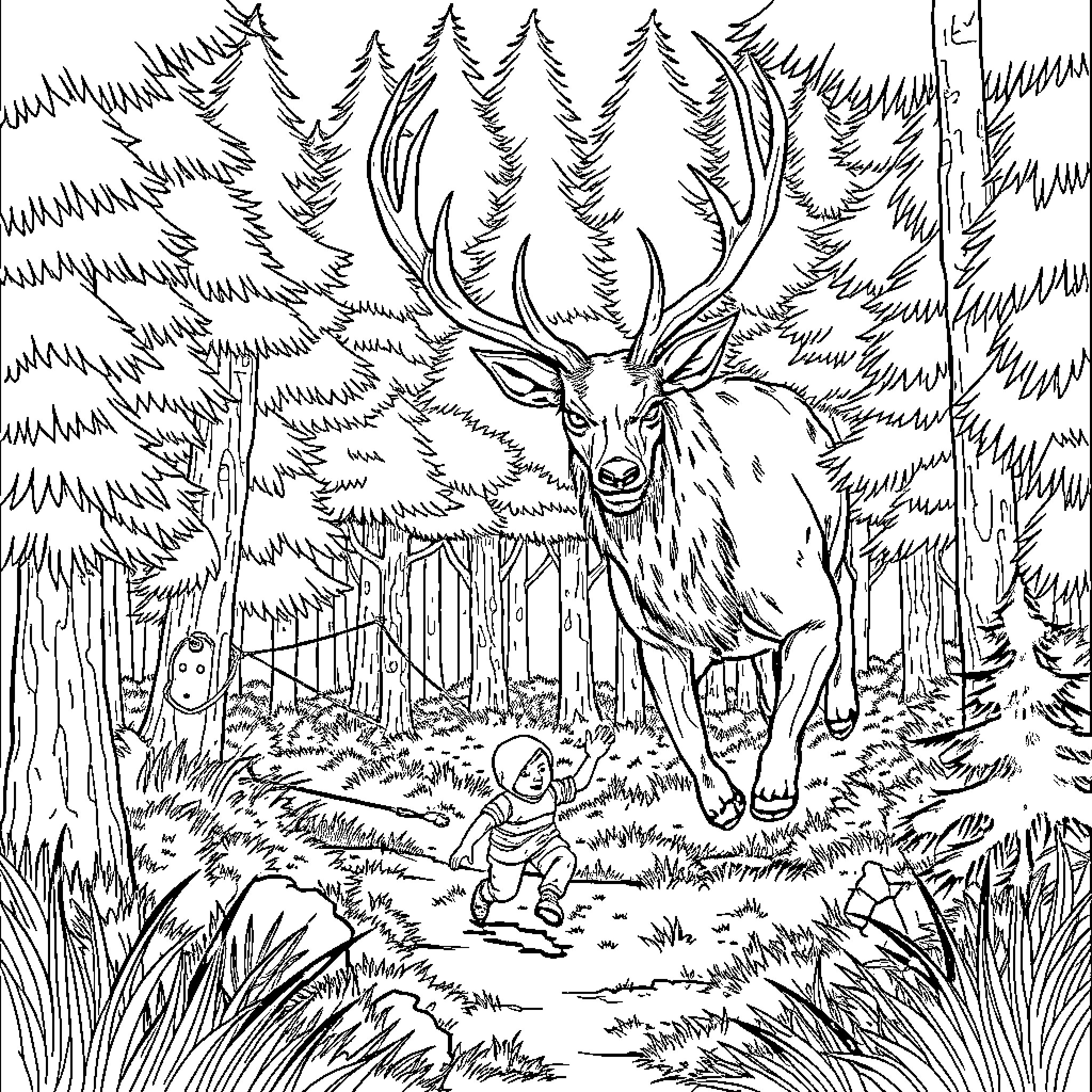 Deer standing in a forest Coloring Page (free black-and-white line drawing printable PDF for all, from beginners to advanced learners, including children, teens, adults, and seniors)
