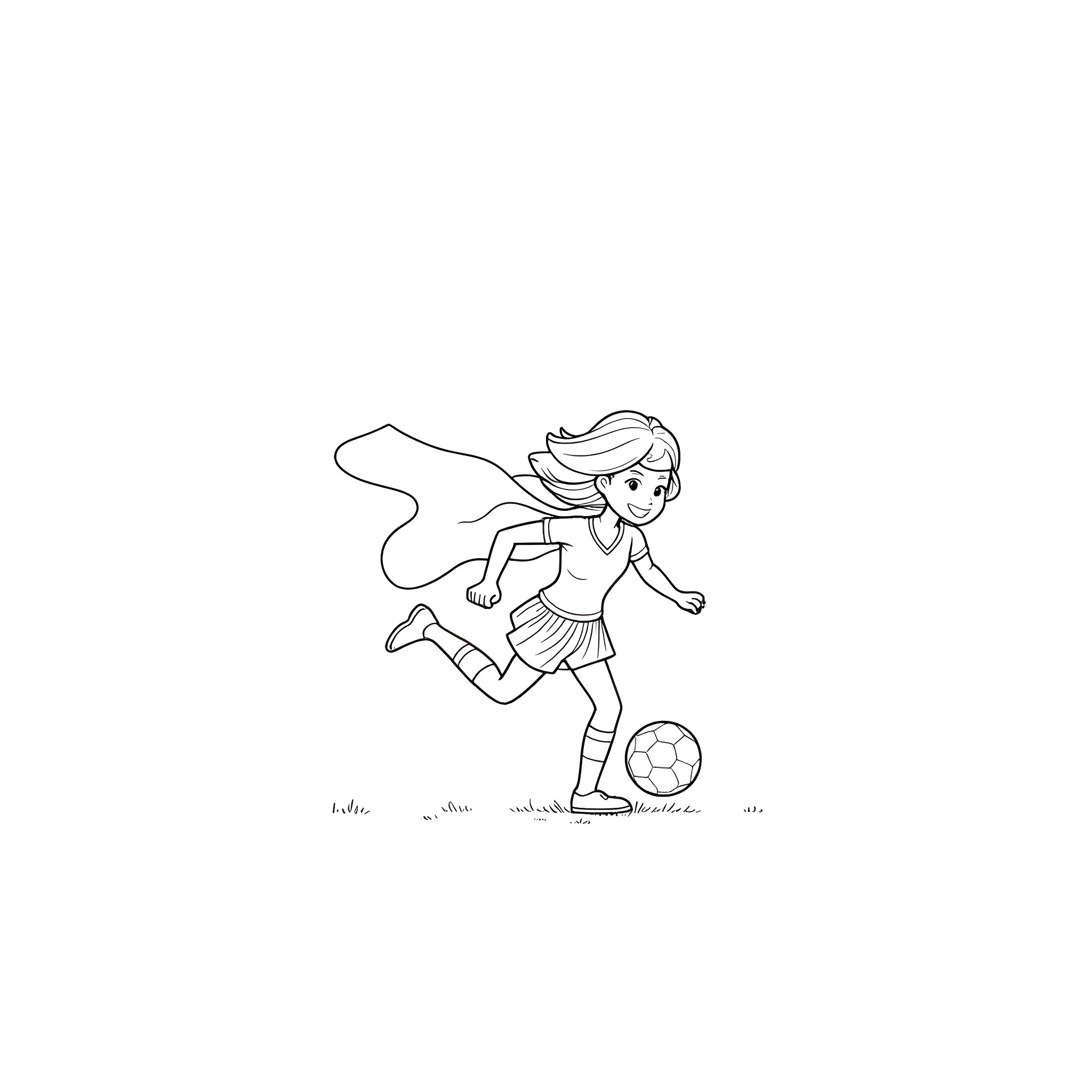 Supergirl playing with soccer ball Coloring Page (free black-and-white line drawing printable PDF for all, from beginners to advanced learners, including children, teens, adults, and seniors)