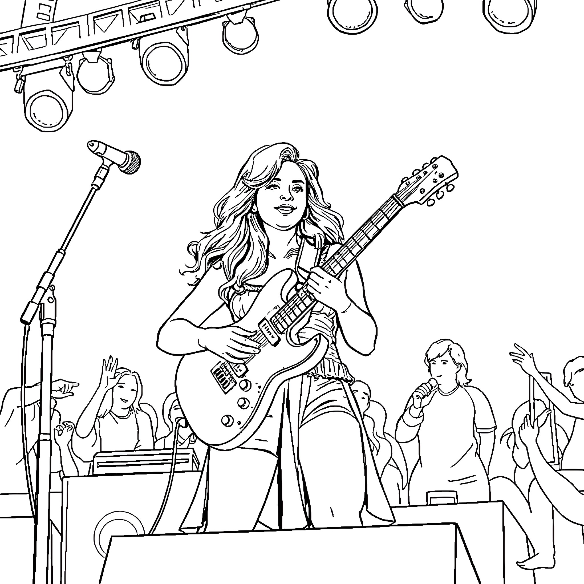 Olivia Rodrigo performing on stage with guitar Coloring Page (free black-and-white line drawing printable PDF for all, from beginners to advanced learners, including children, teens, adults, and seniors)