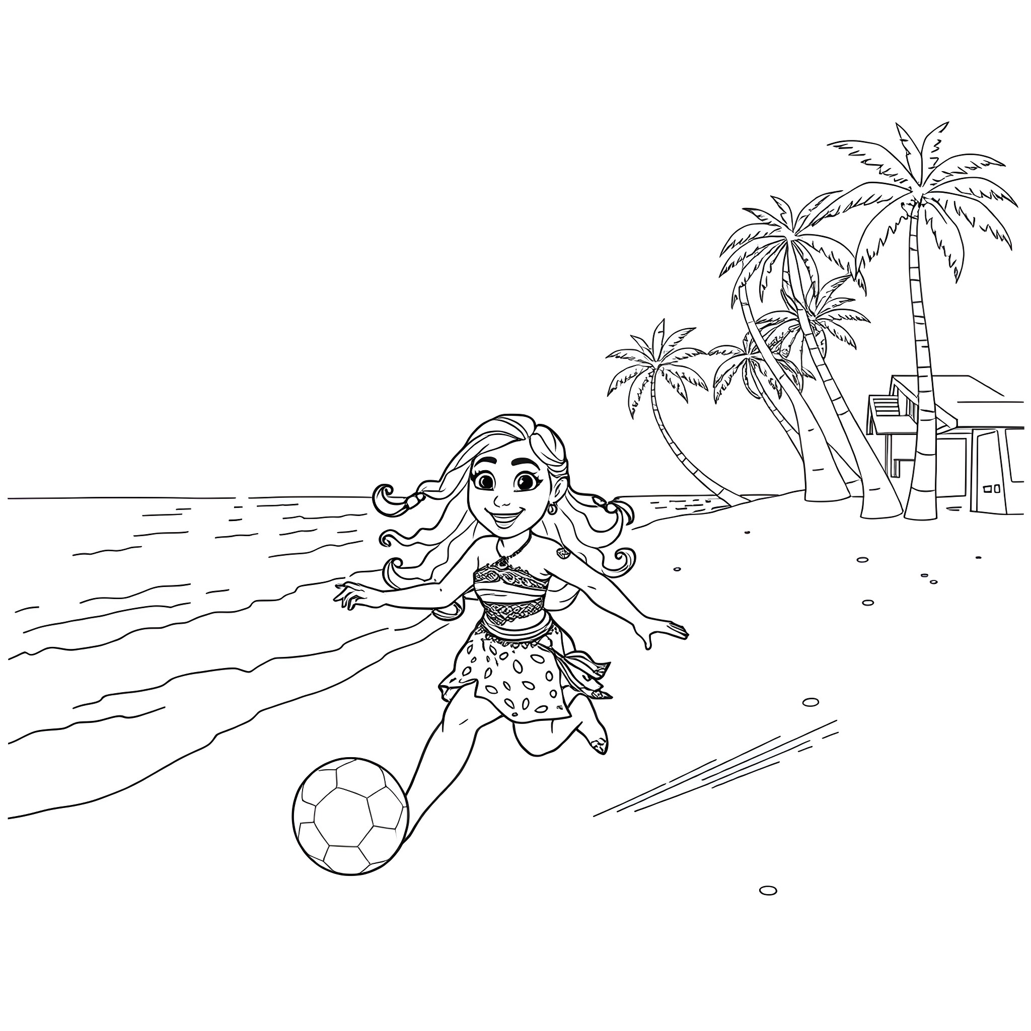 Moana playing with a soccer ball on the beach Coloring Page (free black-and-white line drawing printable PDF for all, from beginners to advanced learners, including children, teens, adults, and seniors)