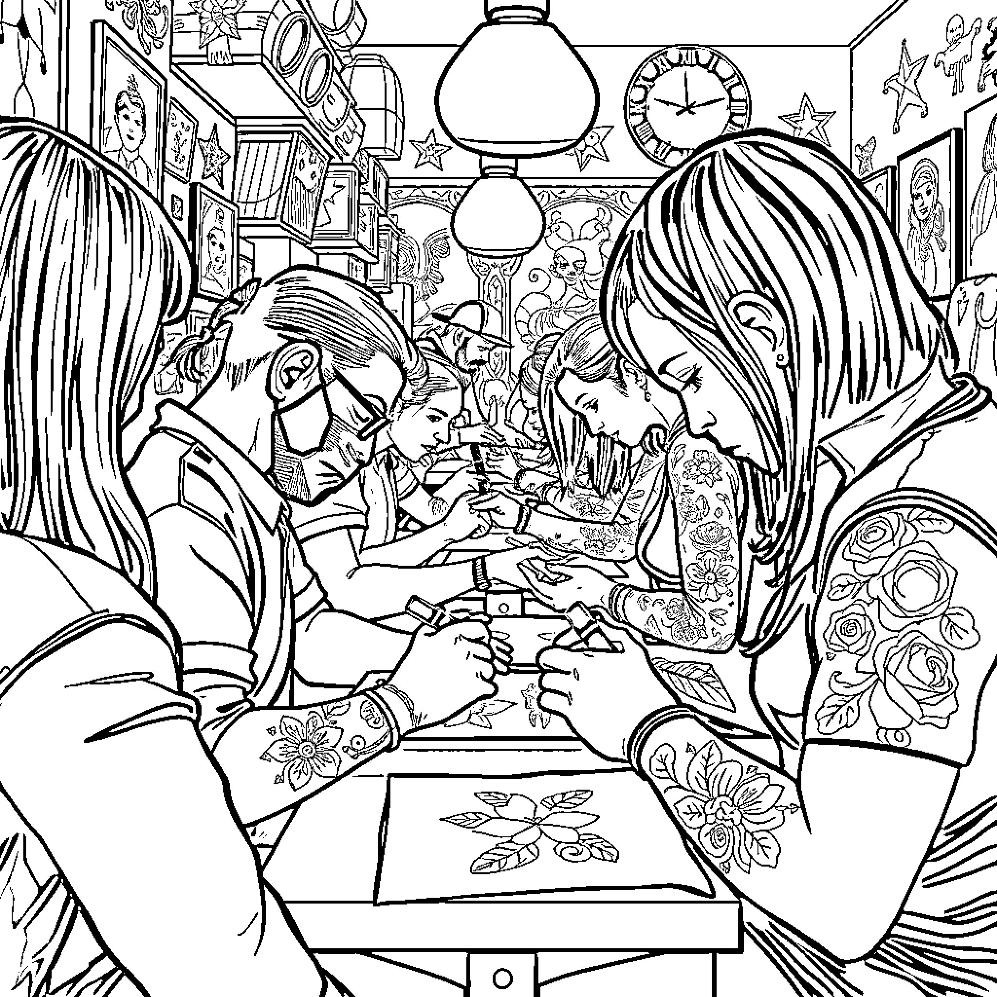 Tattoo artists inking their clients in a vibrant studio Coloring Page (free black-and-white line drawing printable PDF for all, from beginners to advanced learners, including children, teens, adults, and seniors)