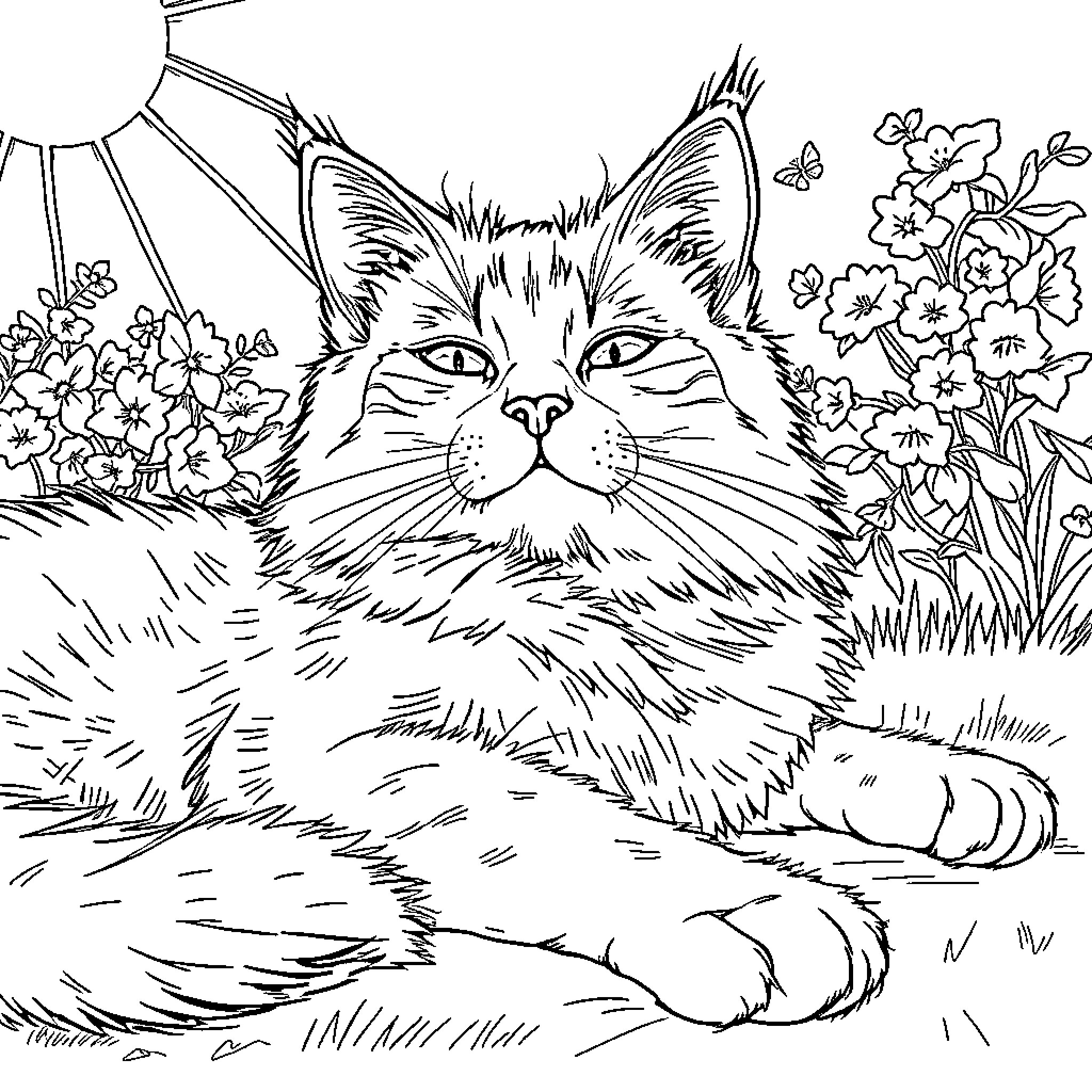 Cat relaxing in a floral garden Coloring Page (free black-and-white line drawing printable PDF for all, from beginners to advanced learners, including children, teens, adults, and seniors)