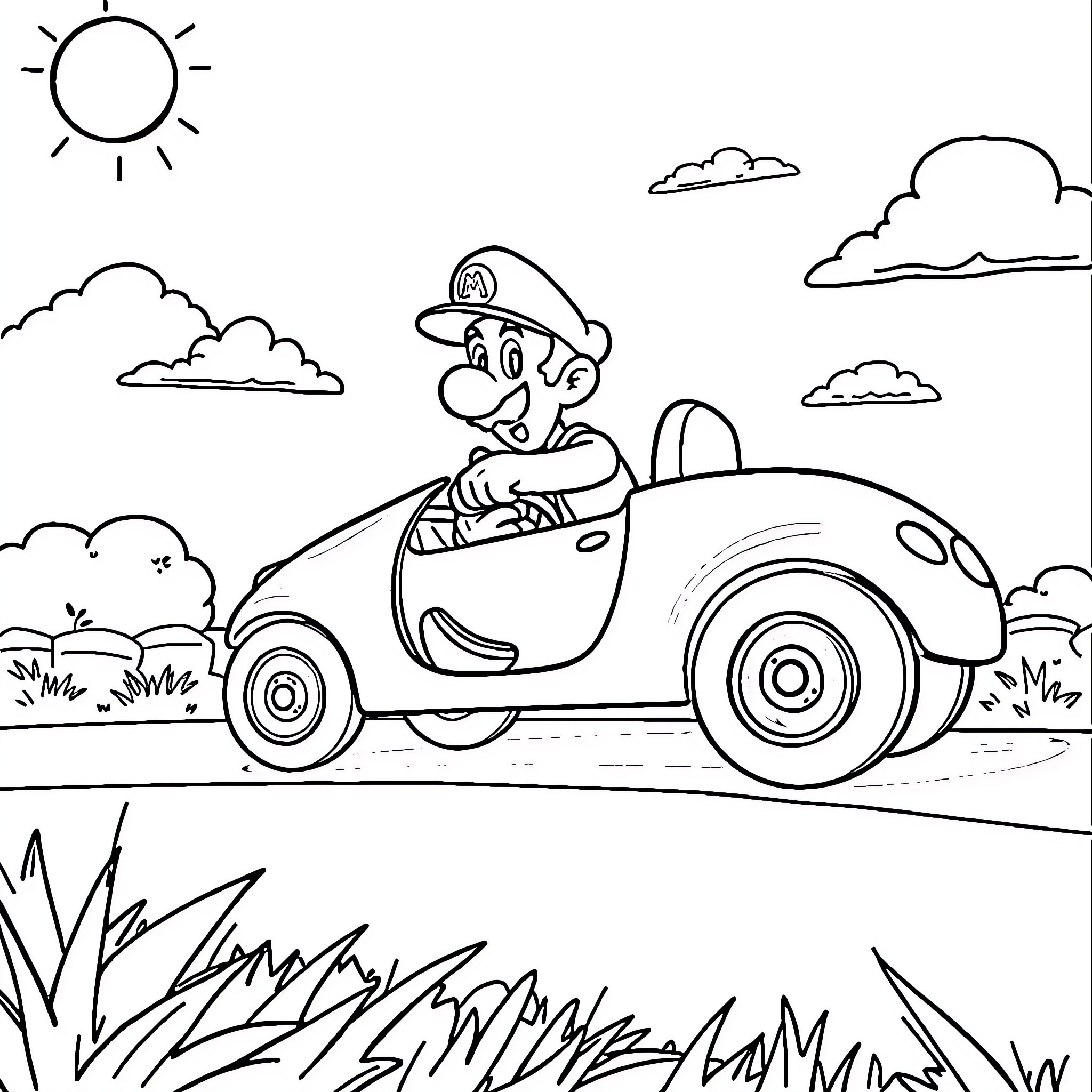 Luigi's Joyful Ride Through the Countryside Coloring Page (free black-and-white line drawing printable PDF for all, from beginners to advanced learners, including children, teens, adults, and seniors)
