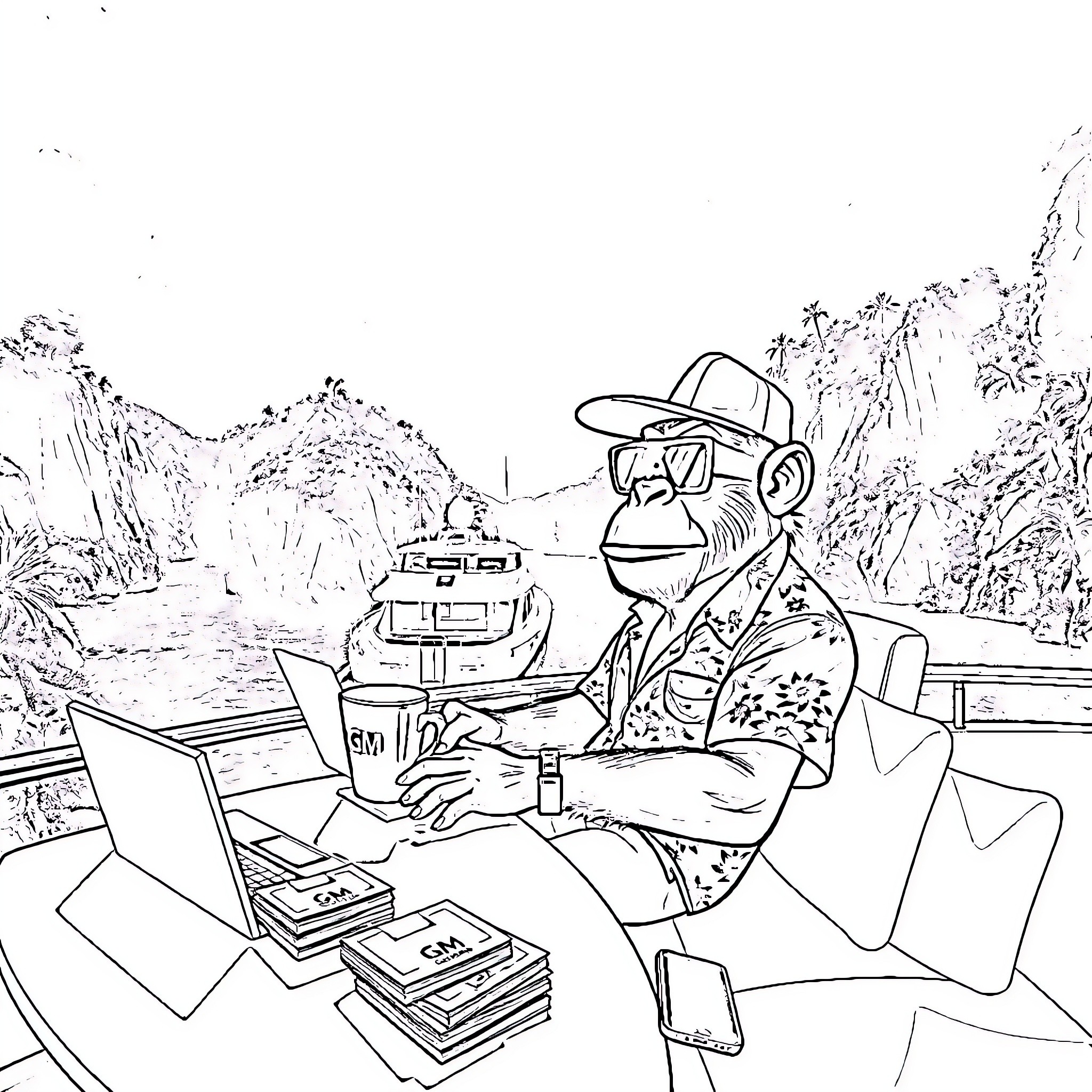 Ape explorer using electronic devices in the jungle Coloring Page (free black-and-white line drawing printable PDF for all, from beginners to advanced learners, including children, teens, adults, and seniors)