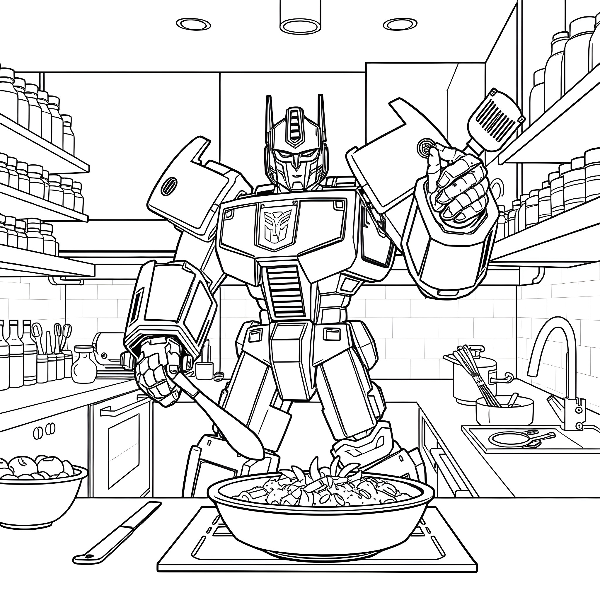 Transformer assisting in the kitchen Coloring Page (free black-and-white line drawing printable PDF for all, from beginners to advanced learners, including children, teens, adults, and seniors)