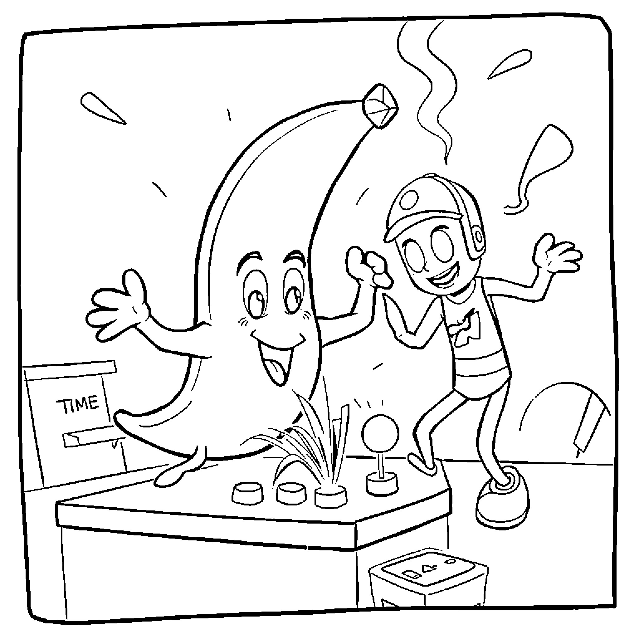 Peely celebrating with friends at a party Coloring Page (free black-and-white line drawing printable PDF for all, from beginners to advanced learners, including children, teens, adults, and seniors)