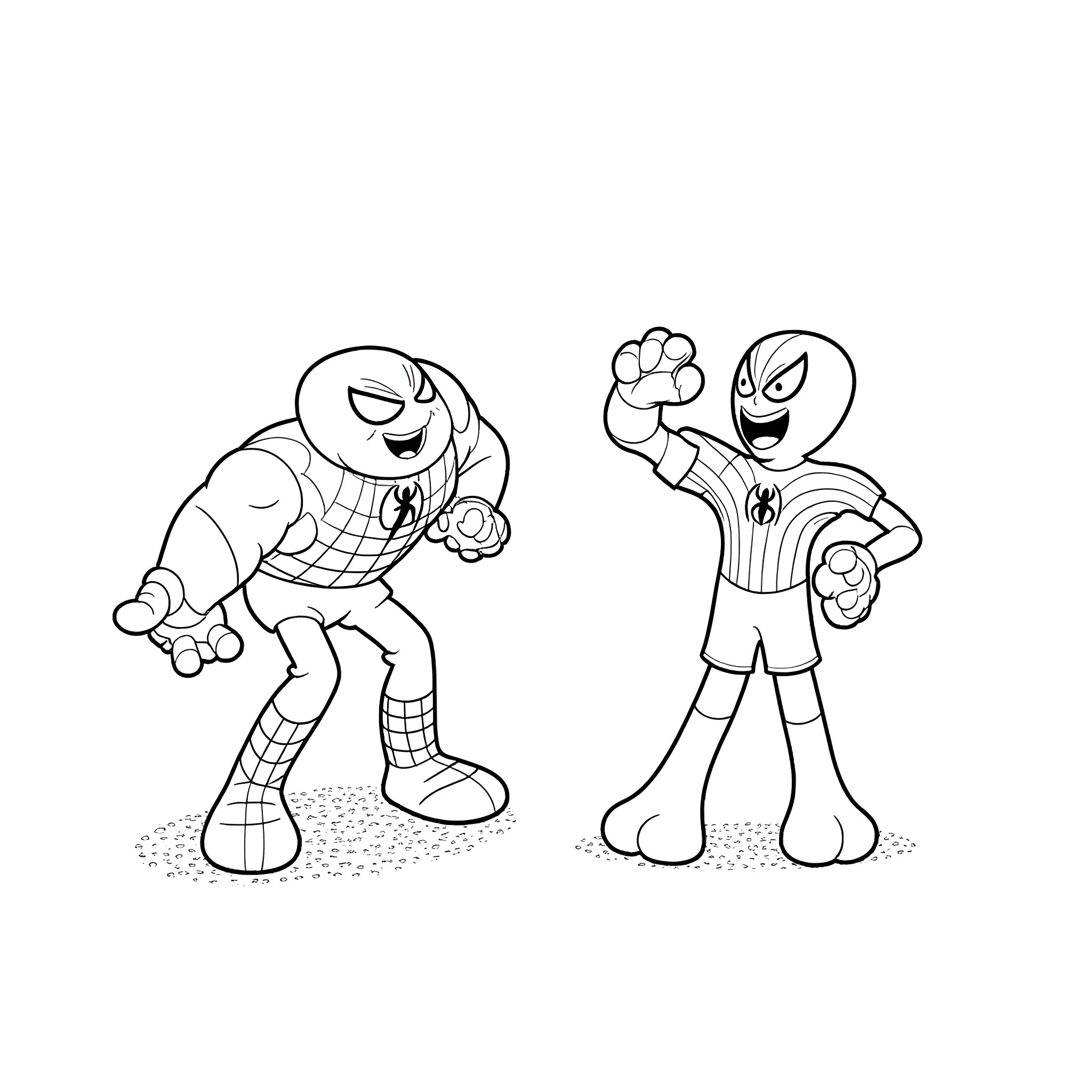Spidey characters in action poses Coloring Page (free black-and-white line drawing printable PDF for all, from beginners to advanced learners, including children, teens, adults, and seniors)