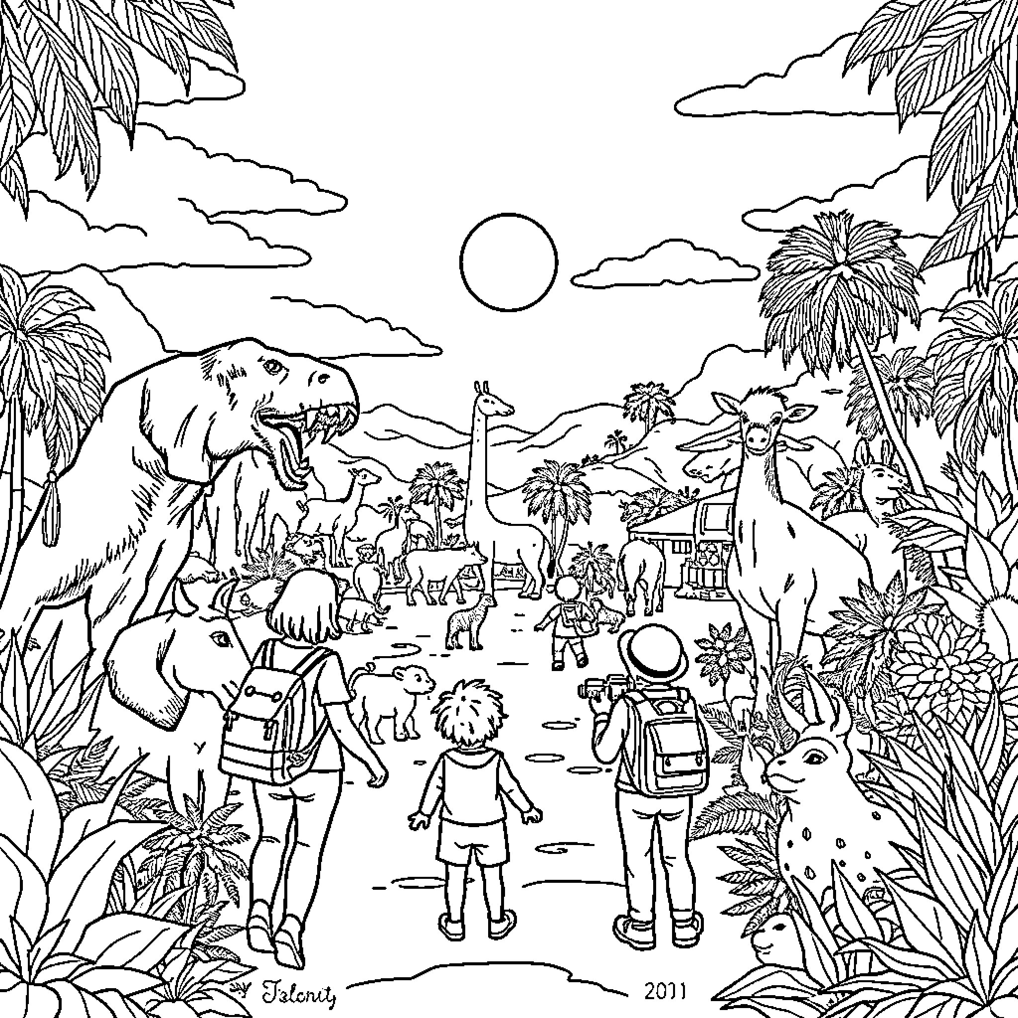 Zoo adventure with diverse animal encounters Coloring Page (free black-and-white line drawing printable PDF for all, from beginners to advanced learners, including children, teens, adults, and seniors)