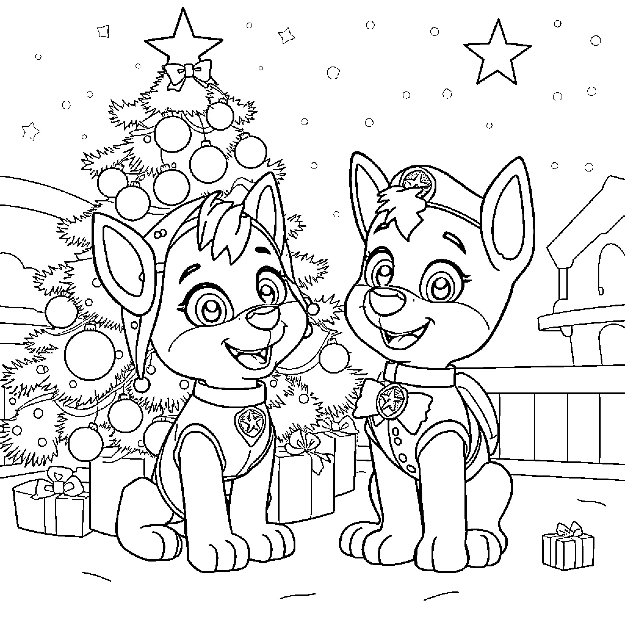 Skye and Pup Celebrate the Holidays Coloring Page (free black-and-white line drawing printable PDF for all, from beginners to advanced learners, including children, teens, adults, and seniors)