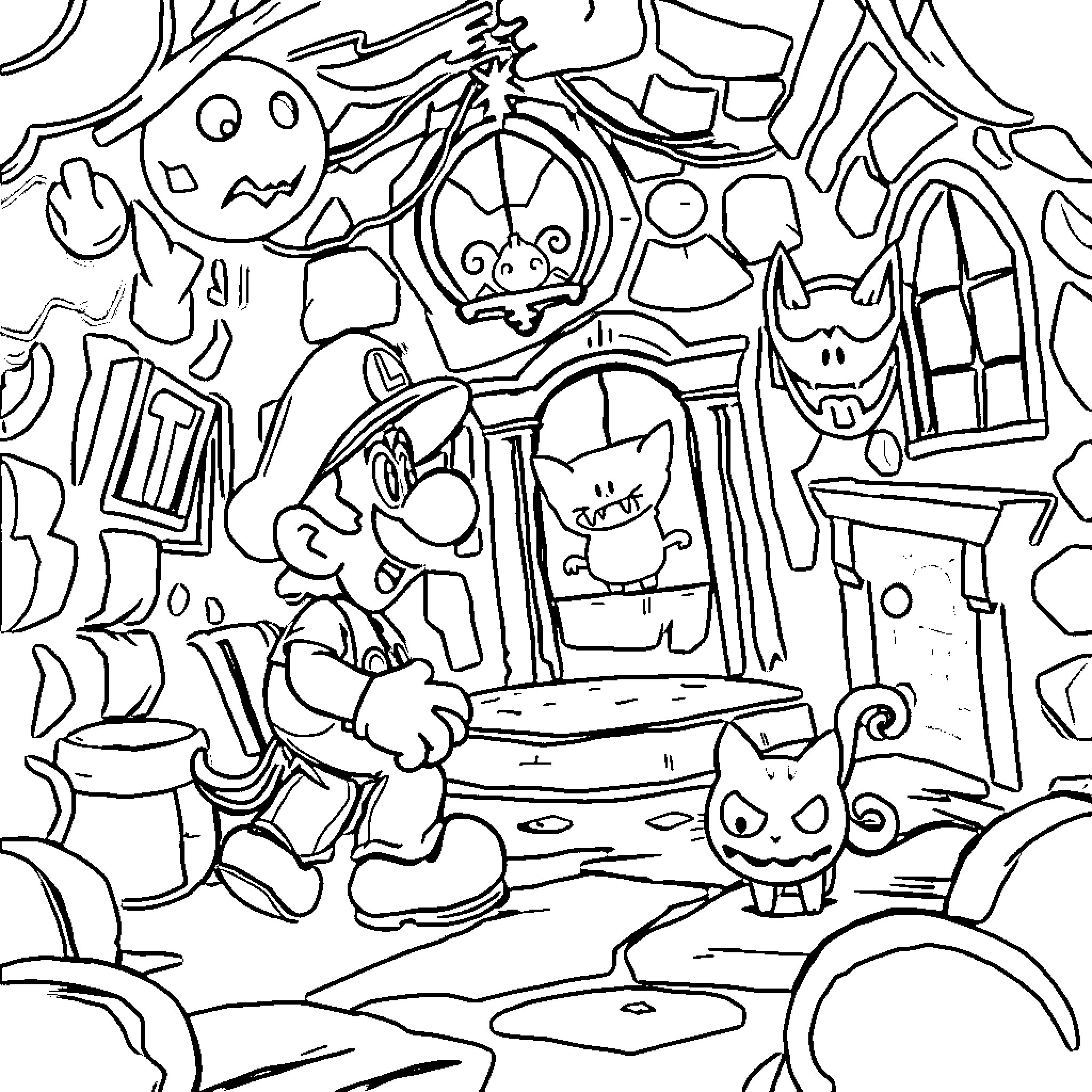 Luigi's Spooky Escapades in the Haunted House Coloring Page (free black-and-white line drawing printable PDF for all, from beginners to advanced learners, including children, teens, adults, and seniors)