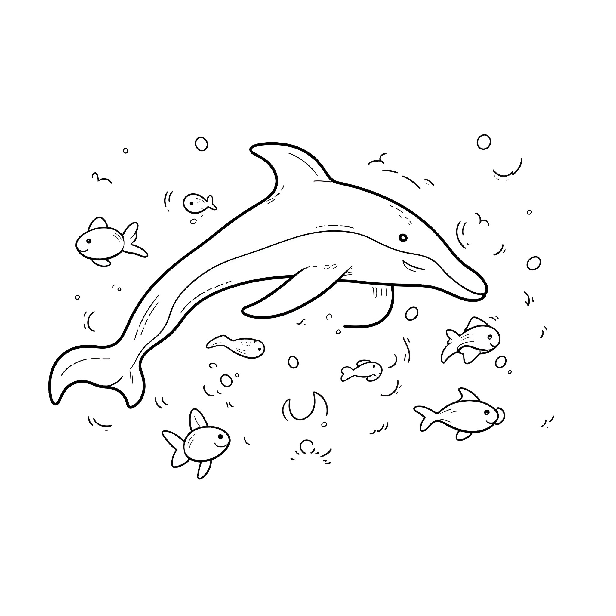 Dolphin swimming with playful fish in the ocean Coloring Page (free black-and-white line drawing printable PDF for all, from beginners to advanced learners, including children, teens, adults, and seniors)