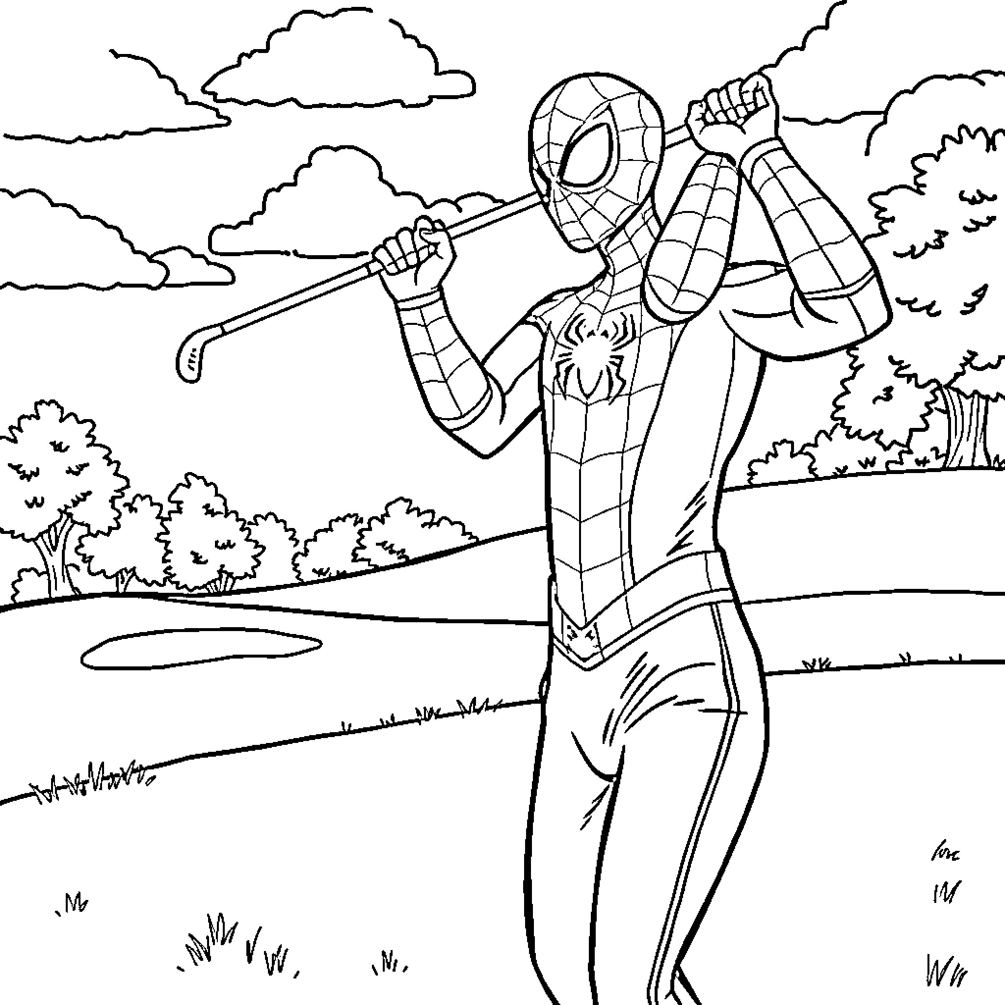 Spiderman swinging through the city landscape Coloring Page (free black-and-white line drawing printable PDF for all, from beginners to advanced learners, including children, teens, adults, and seniors)