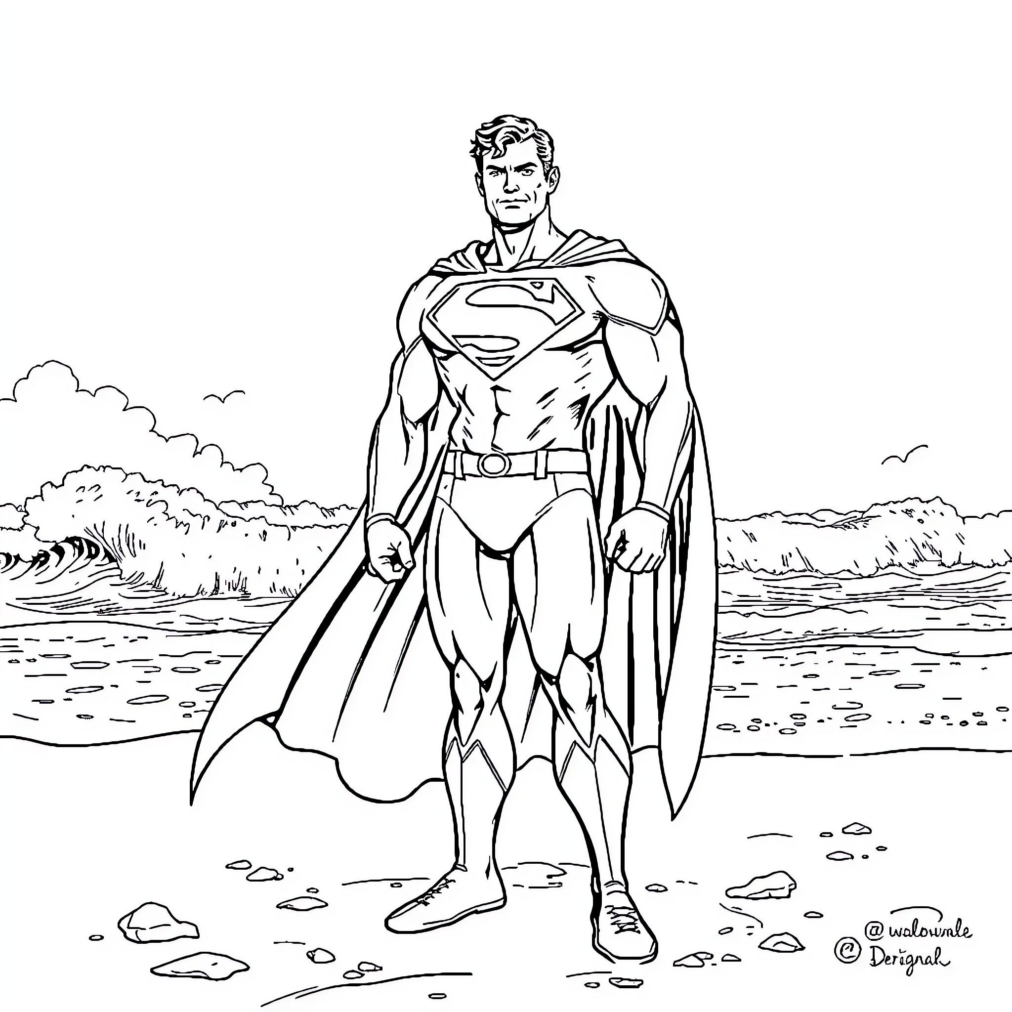 Superman heroically standing in a natural setting Coloring Page (free black-and-white line drawing printable PDF for all, from beginners to advanced learners, including children, teens, adults, and seniors)