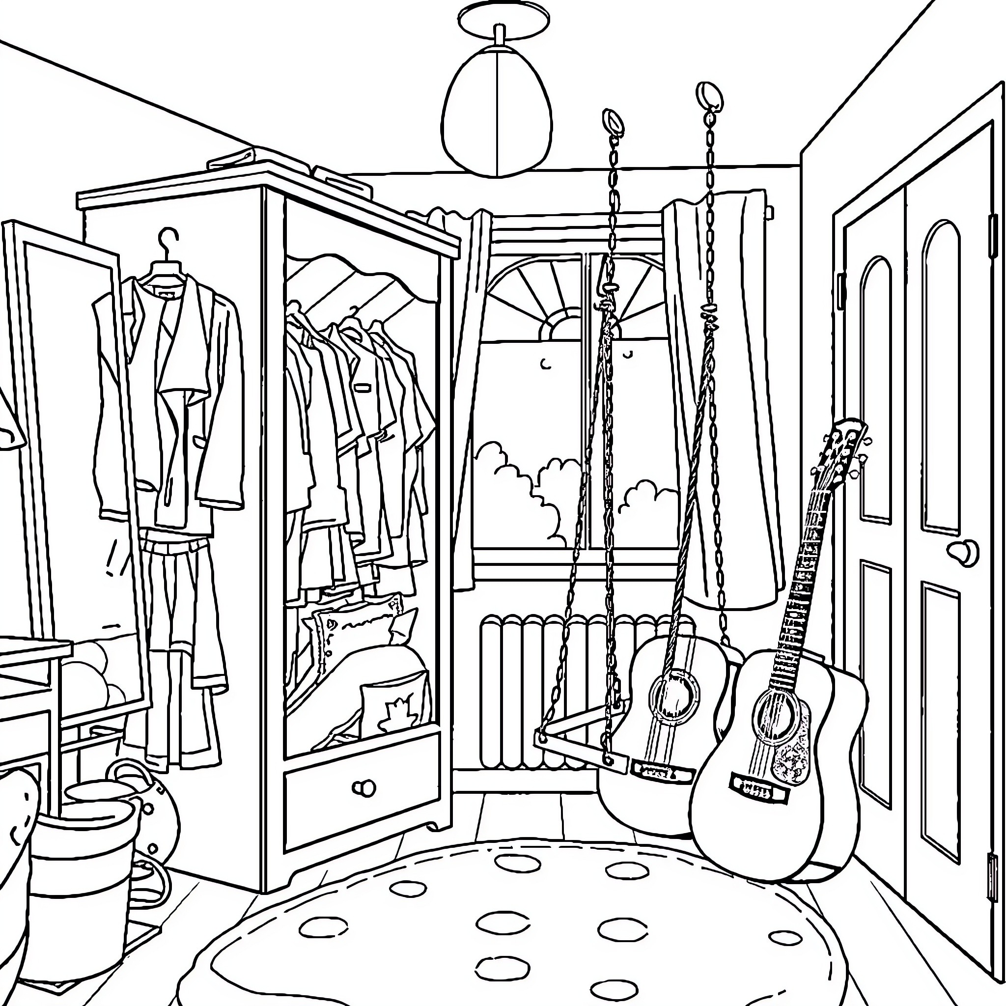 Bedroom with Musical Instruments and Wardrobe Coloring Page (free black-and-white line drawing printable PDF for all, from beginners to advanced learners, including children, teens, adults, and seniors)