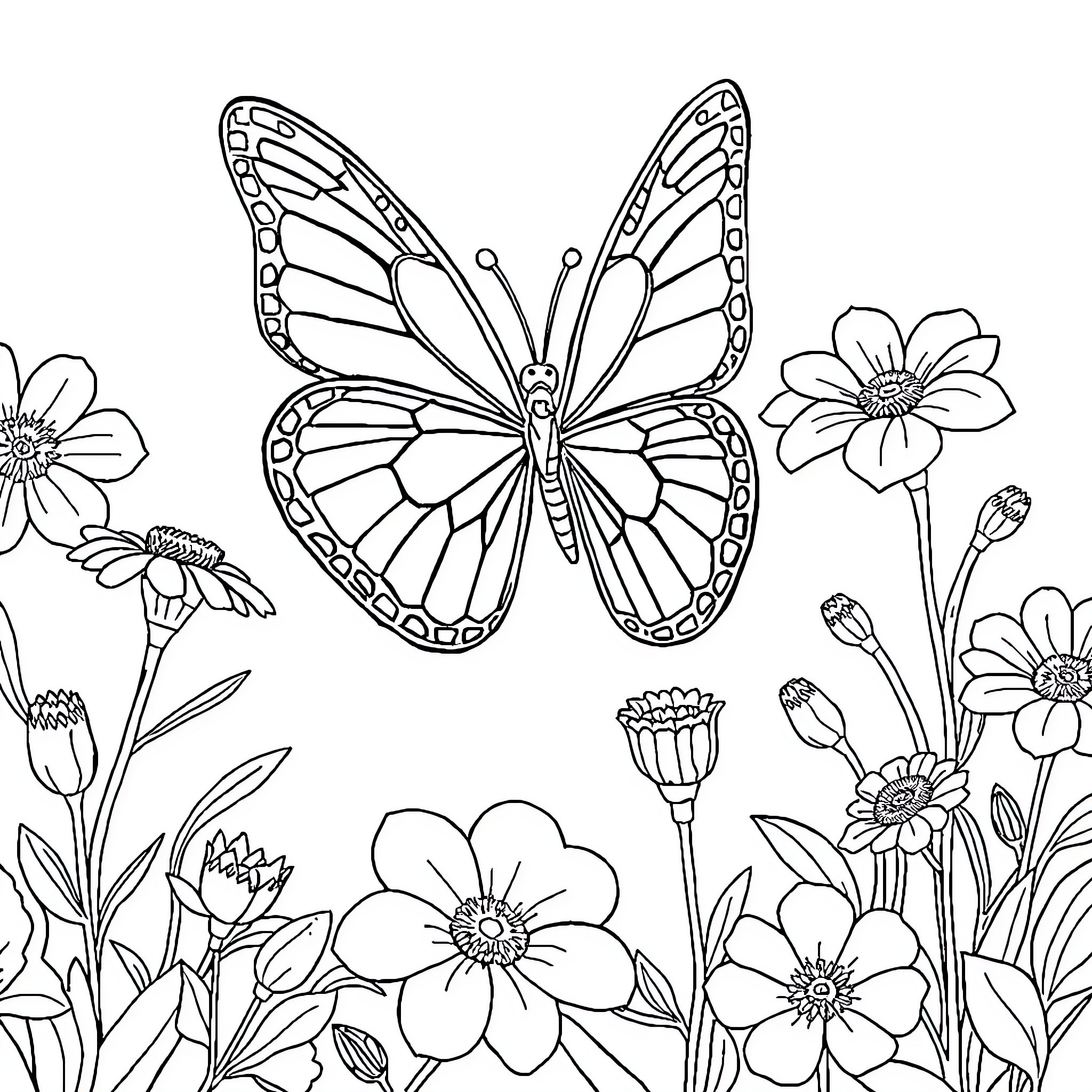Butterfly floating gracefully among floral garden Coloring Page (free black-and-white line drawing printable PDF for all, from beginners to advanced learners, including children, teens, adults, and seniors)
