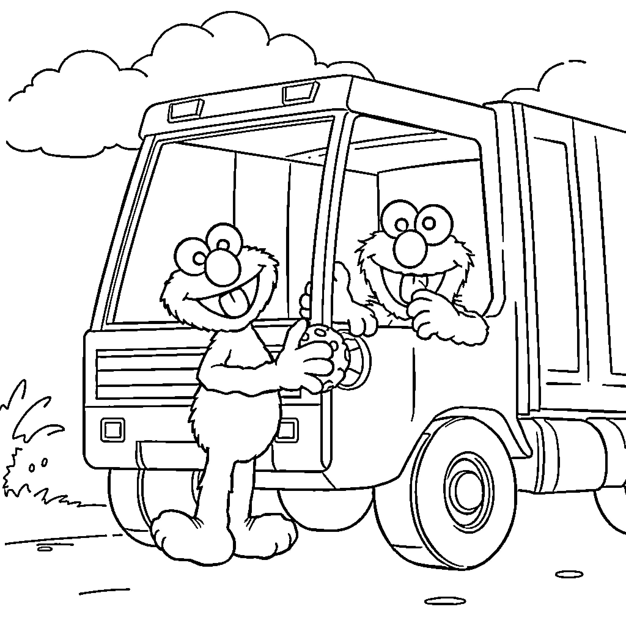 Elmo and Friends Riding in Truck Coloring Page (free black-and-white line drawing printable PDF for all, from beginners to advanced learners, including children, teens, adults, and seniors)
