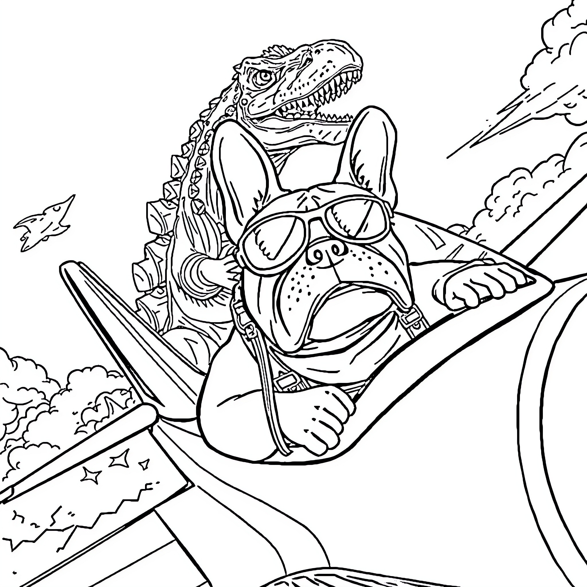 French Bulldog surfing with a Tyrannosaurus Rex companion Coloring Page (free black-and-white line drawing printable PDF for all, from beginners to advanced learners, including children, teens, adults, and seniors)
