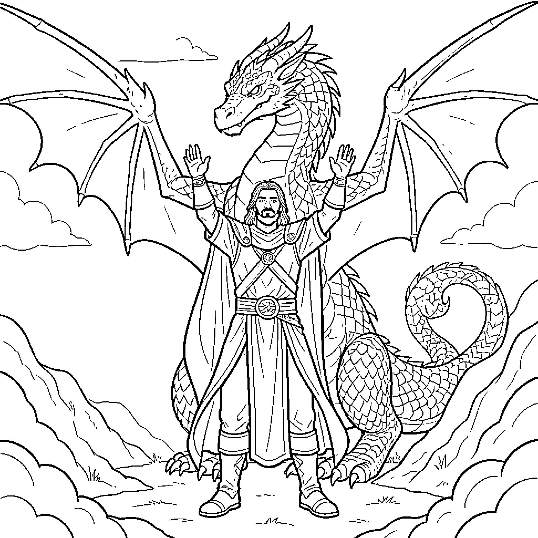 Thancred summoning a dragon companion Coloring Page (free black-and-white line drawing printable PDF for all, from beginners to advanced learners, including children, teens, adults, and seniors)