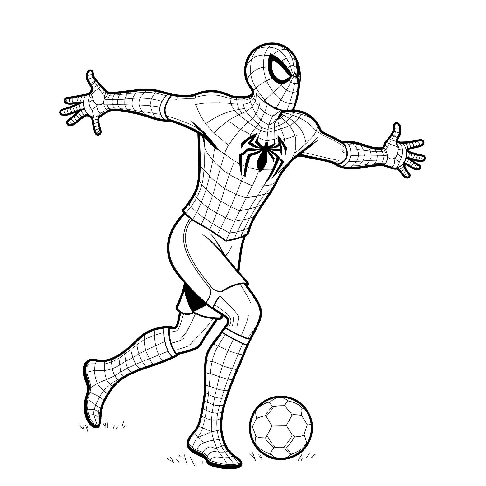 Spiderman playing soccer on the field Coloring Page (free black-and-white line drawing printable PDF for all, from beginners to advanced learners, including children, teens, adults, and seniors)