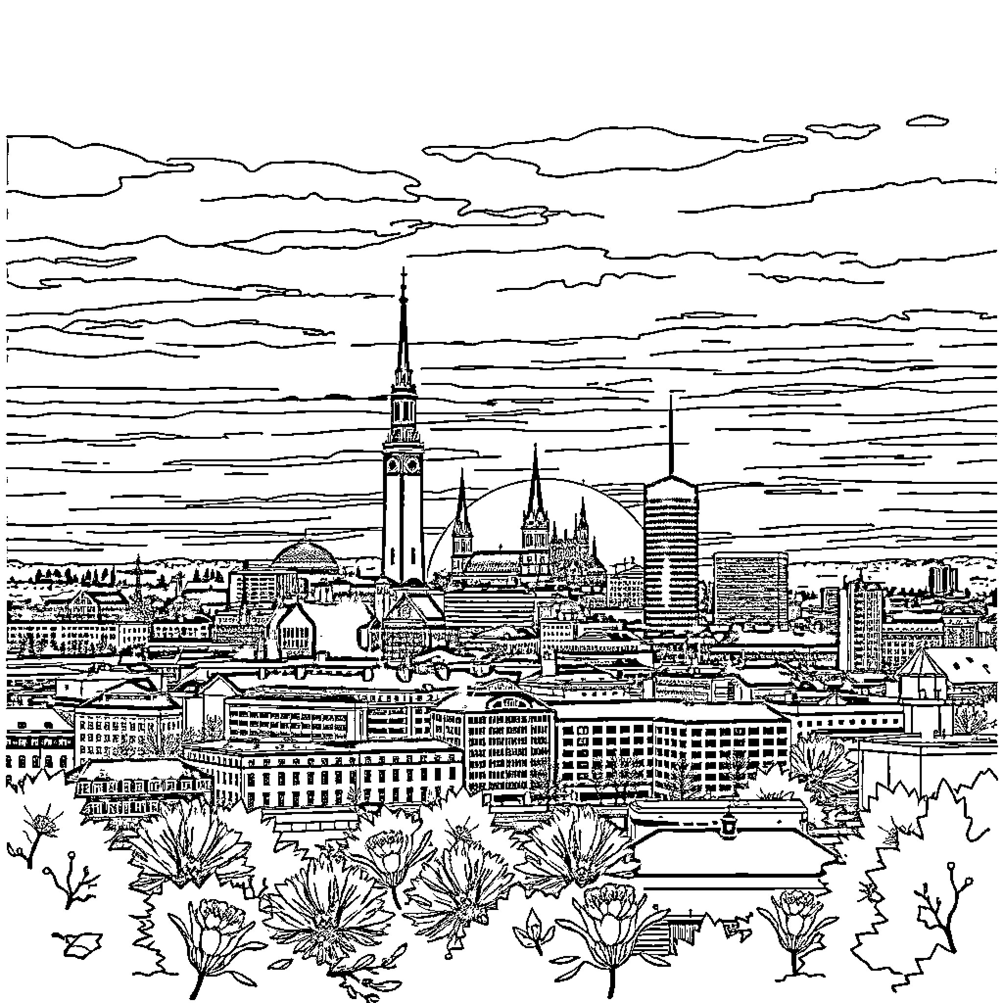 Linköping cityscape with iconic landmarks and urban landscape Coloring Page (free black-and-white line drawing printable PDF for all, from beginners to advanced learners, including children, teens, adults, and seniors)