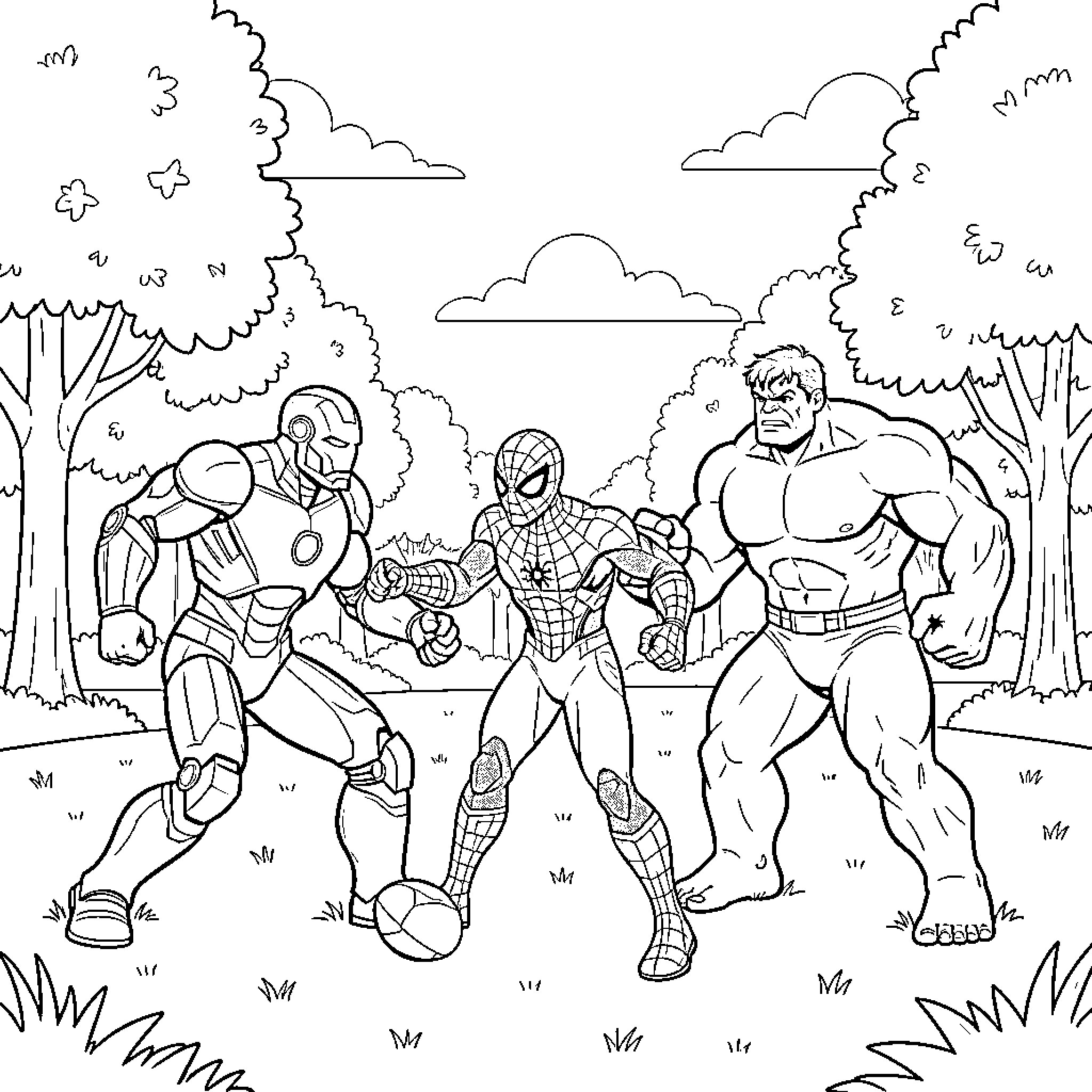 Superhero Characters in Action-Packed Outdoor Scene Coloring Page (free black-and-white line drawing printable PDF for all, from beginners to advanced learners, including children, teens, adults, and seniors)