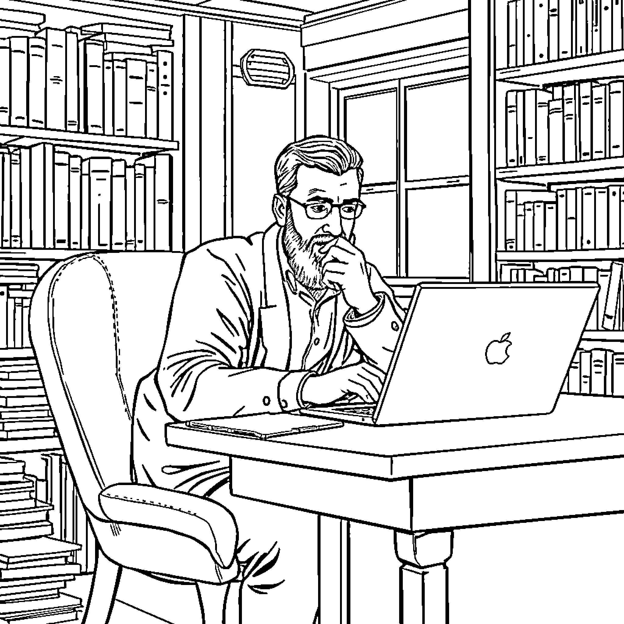 Marko Radaković working diligently in his home library Coloring Page (free black-and-white line drawing printable PDF for all, from beginners to advanced learners, including children, teens, adults, and seniors)