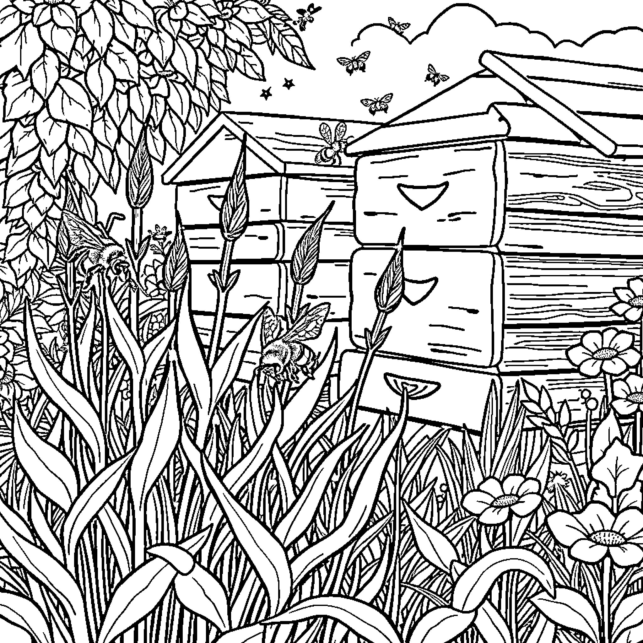 Weed garden and whimsical beehive in nature Coloring Page (free black-and-white line drawing printable PDF for all, from beginners to advanced learners, including children, teens, adults, and seniors)