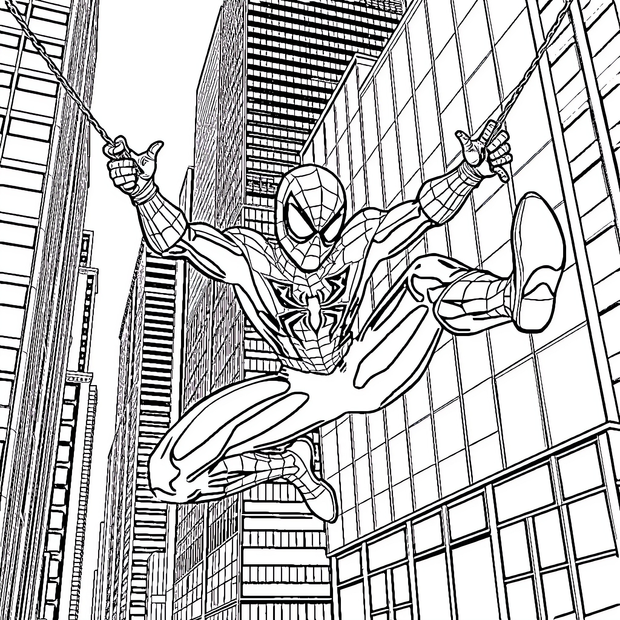 Spiderman swinging through the skyscrapers Coloring Page (free black-and-white line drawing printable PDF for all, from beginners to advanced learners, including children, teens, adults, and seniors)