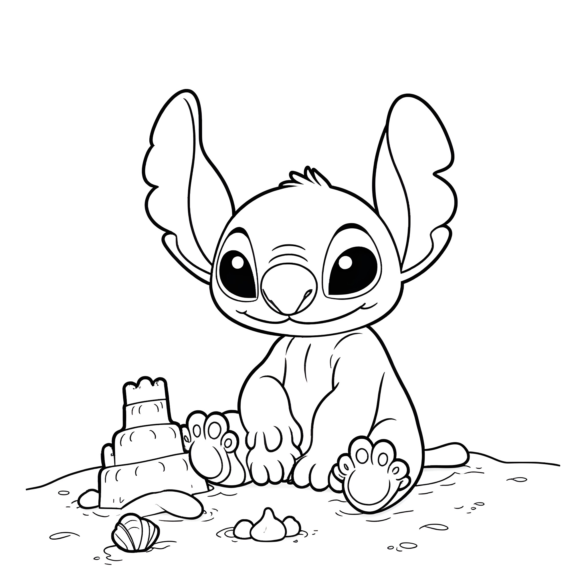 Stitch playing with sandcastle on the beach Coloring Page (free black-and-white line drawing printable PDF for all, from beginners to advanced learners, including children, teens, adults, and seniors)