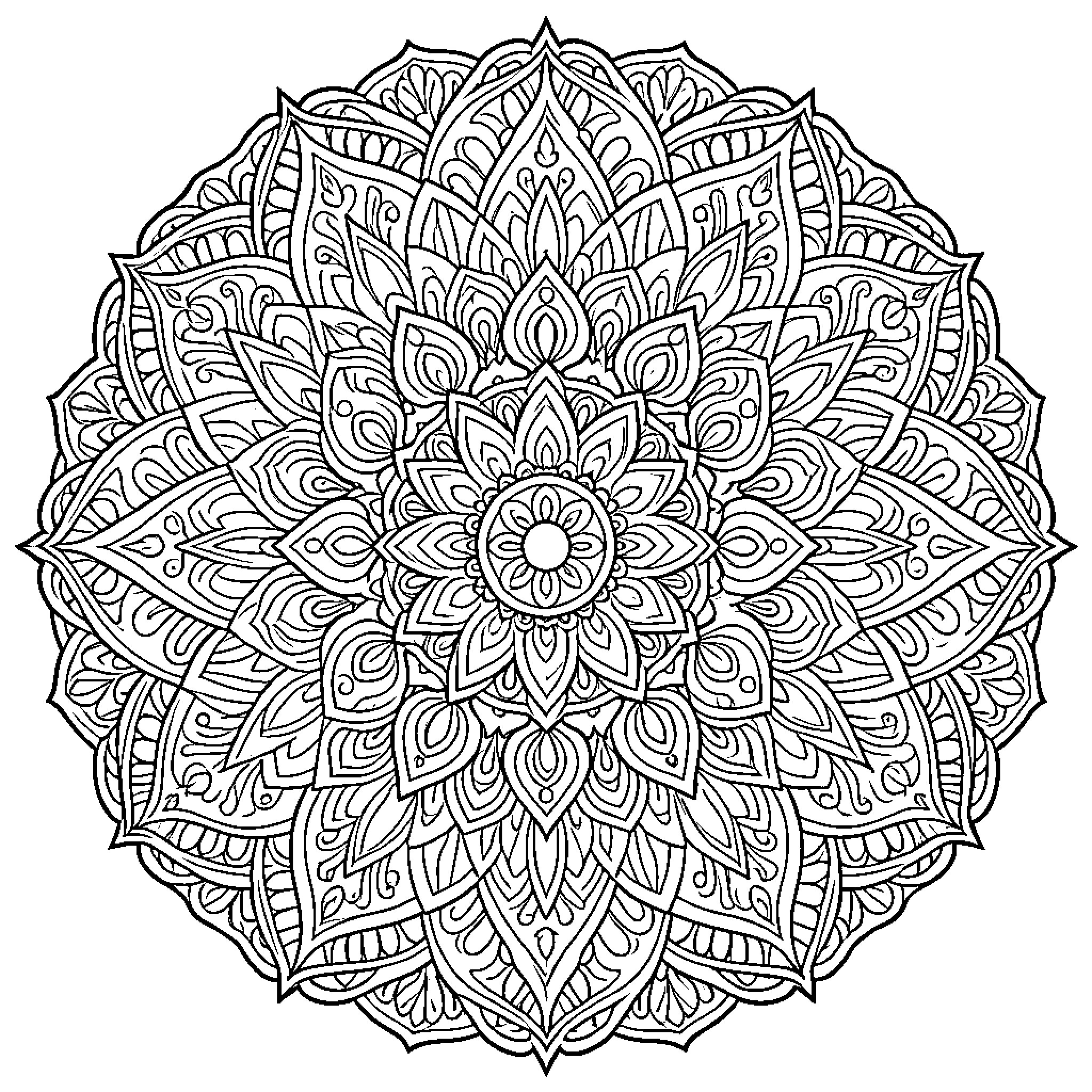 Mandala with intricate floral patterns Coloring Page (free black-and-white line drawing printable PDF for all, from beginners to advanced learners, including children, teens, adults, and seniors)