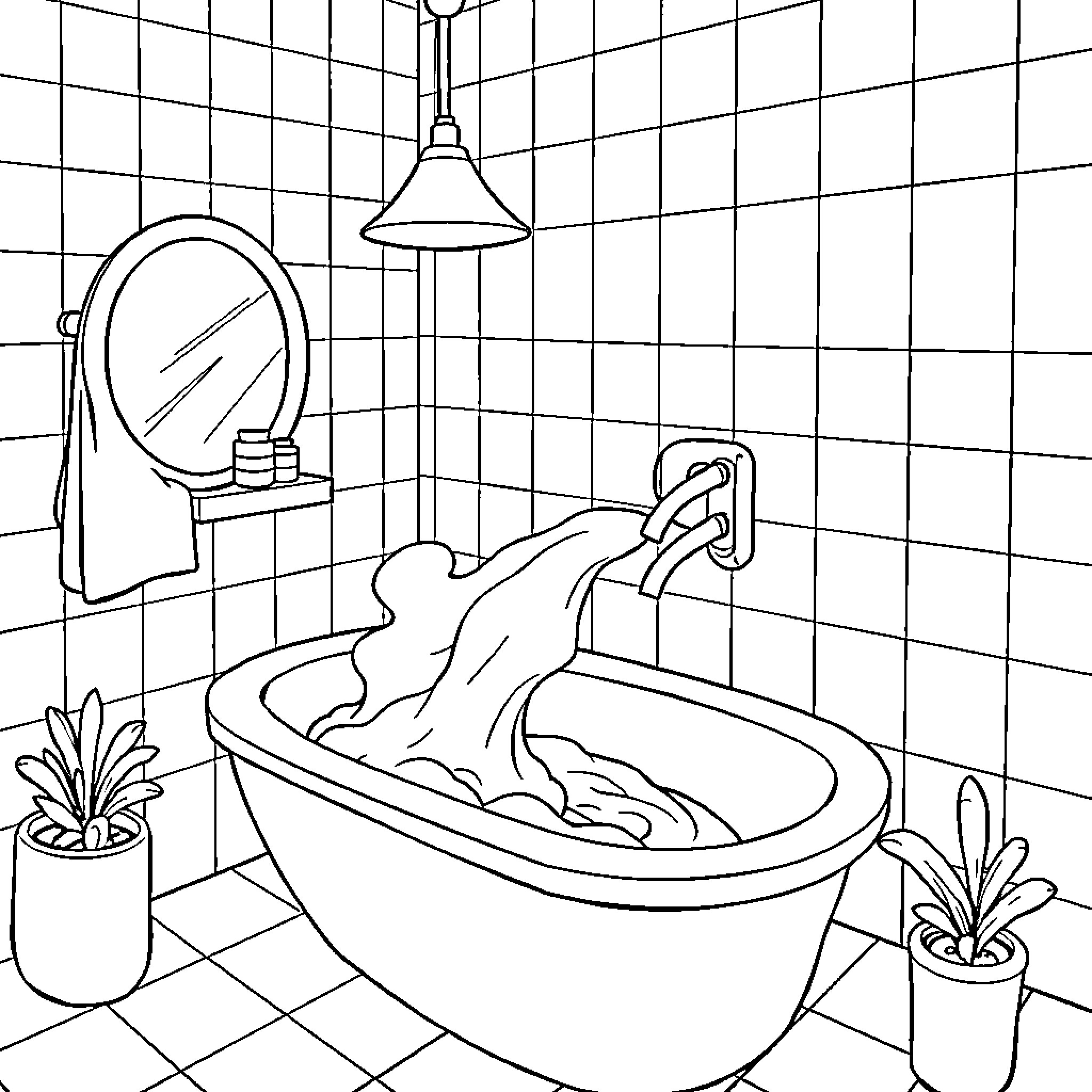 Toothbrushing in a cozy bathroom Coloring Page (free black-and-white line drawing printable PDF for all, from beginners to advanced learners, including children, teens, adults, and seniors)