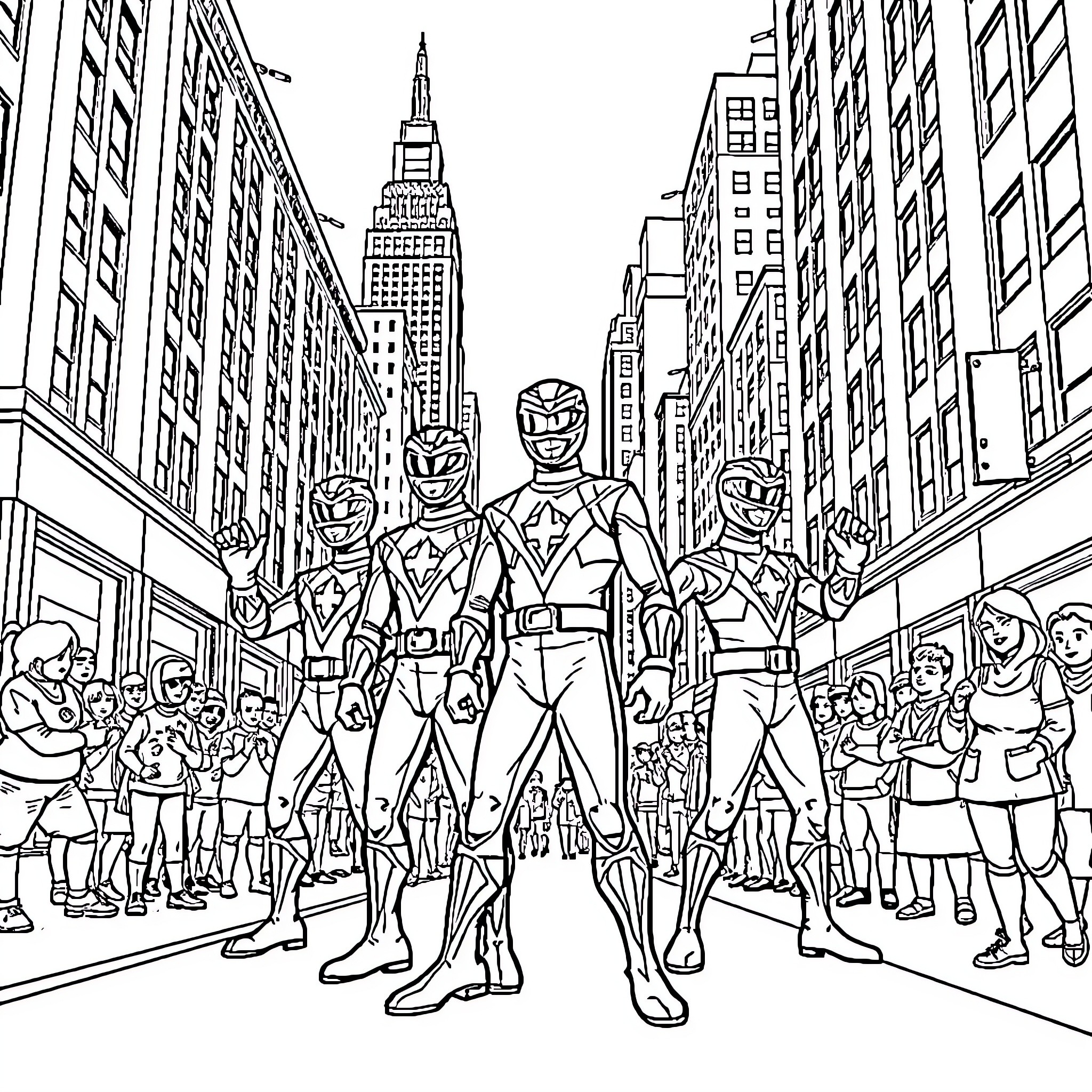 Power Rangers Assemble in the City Coloring Page (free black-and-white line drawing printable PDF for all, from beginners to advanced learners, including children, teens, adults, and seniors)