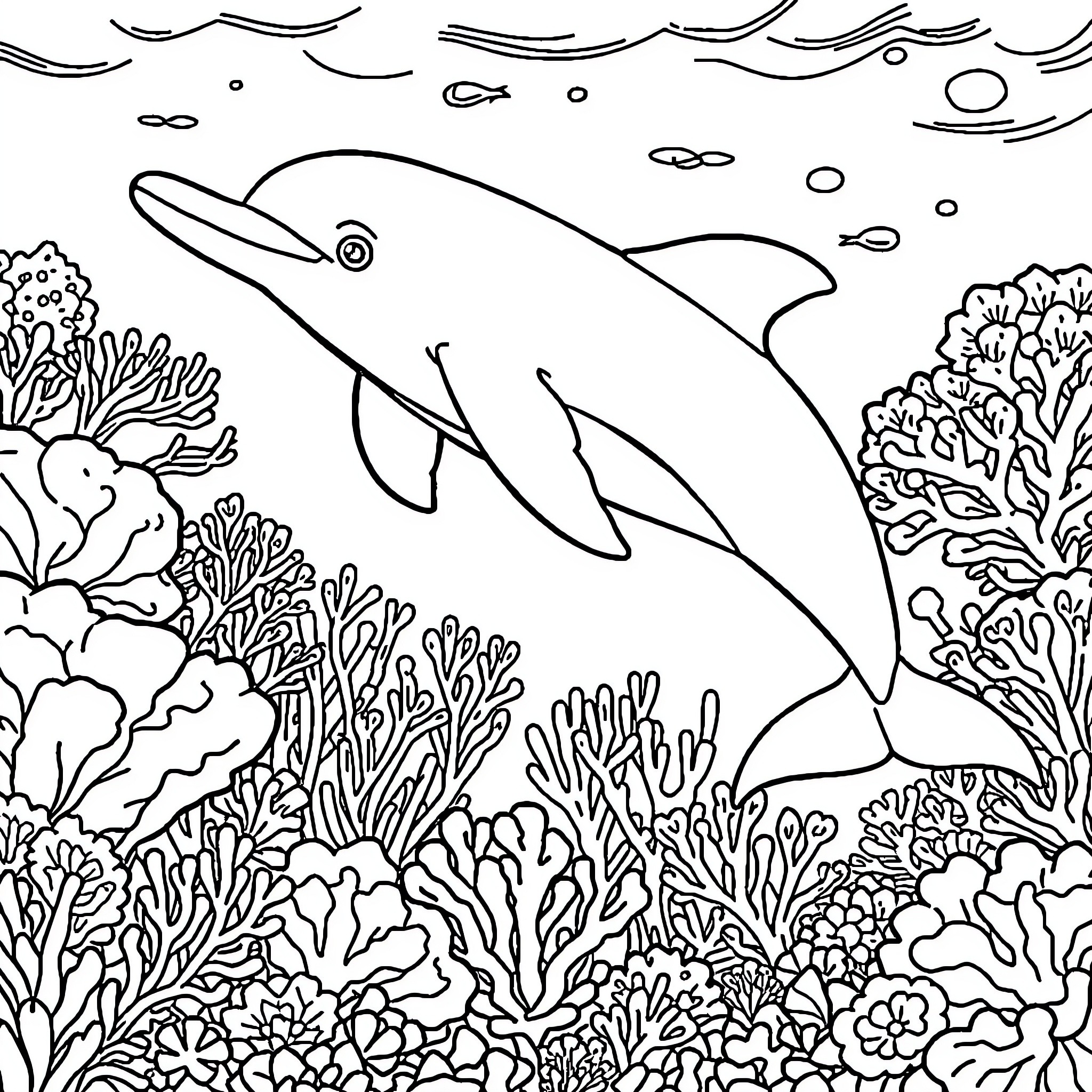Dolphin swimming among coral reefs Coloring Page (free black-and-white line drawing printable PDF for all, from beginners to advanced learners, including children, teens, adults, and seniors)