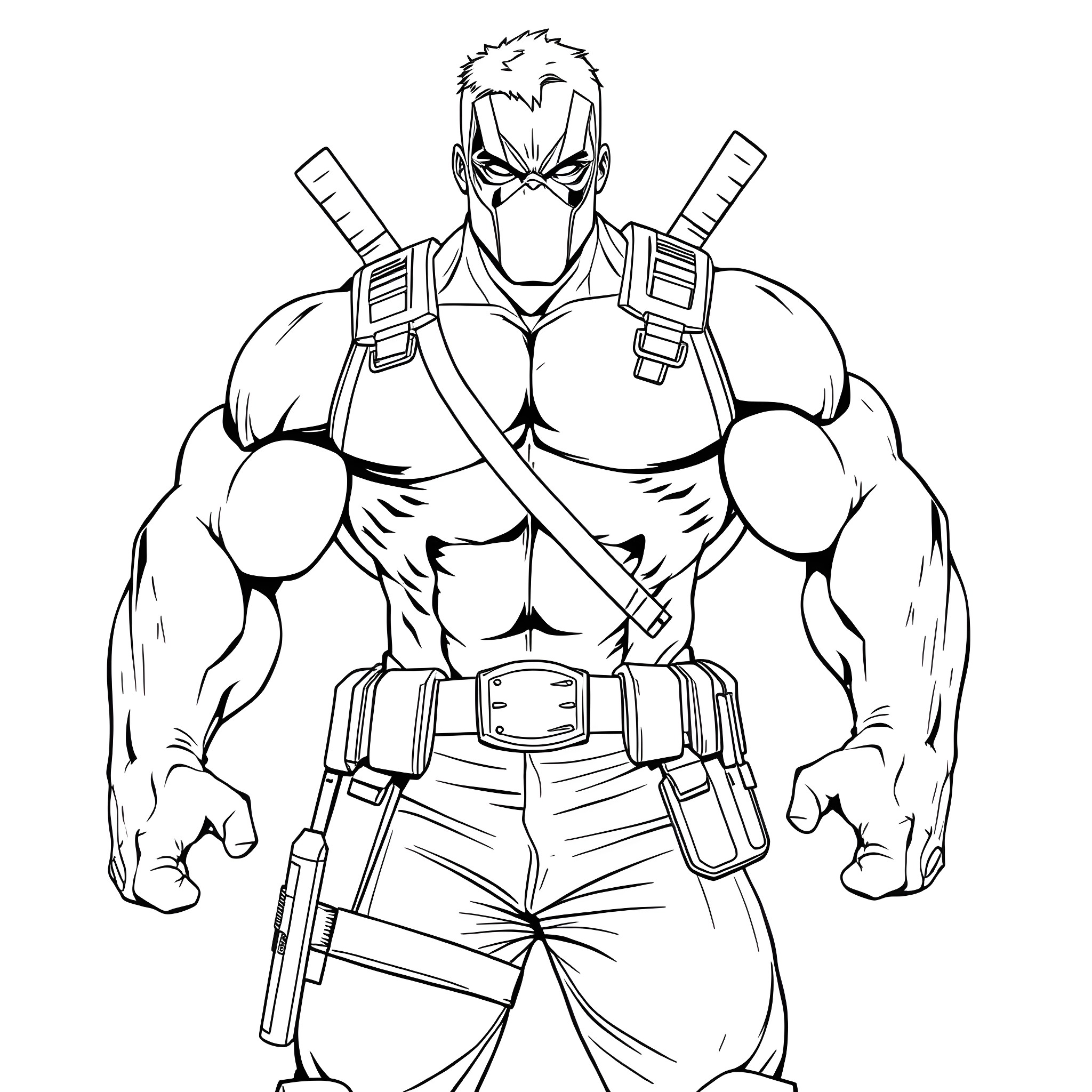 Hulk Warrior with Powerful Muscles and Deadly Weapons Coloring Page (free black-and-white line drawing printable PDF for all, from beginners to advanced learners, including children, teens, adults, and seniors)