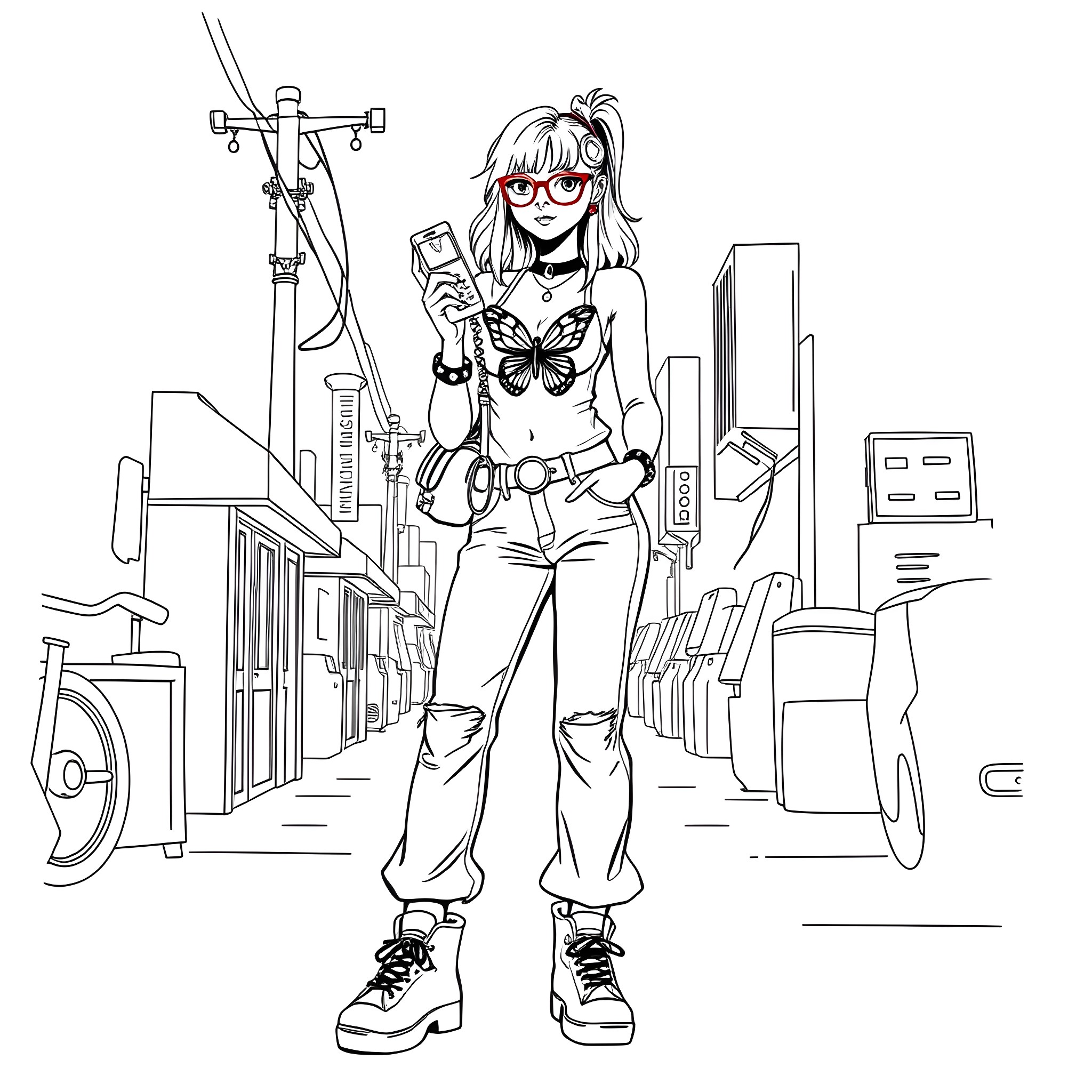 Y2K Girl Exploring the City with Confidence Coloring Page (free black-and-white line drawing printable PDF for all, from beginners to advanced learners, including children, teens, adults, and seniors)