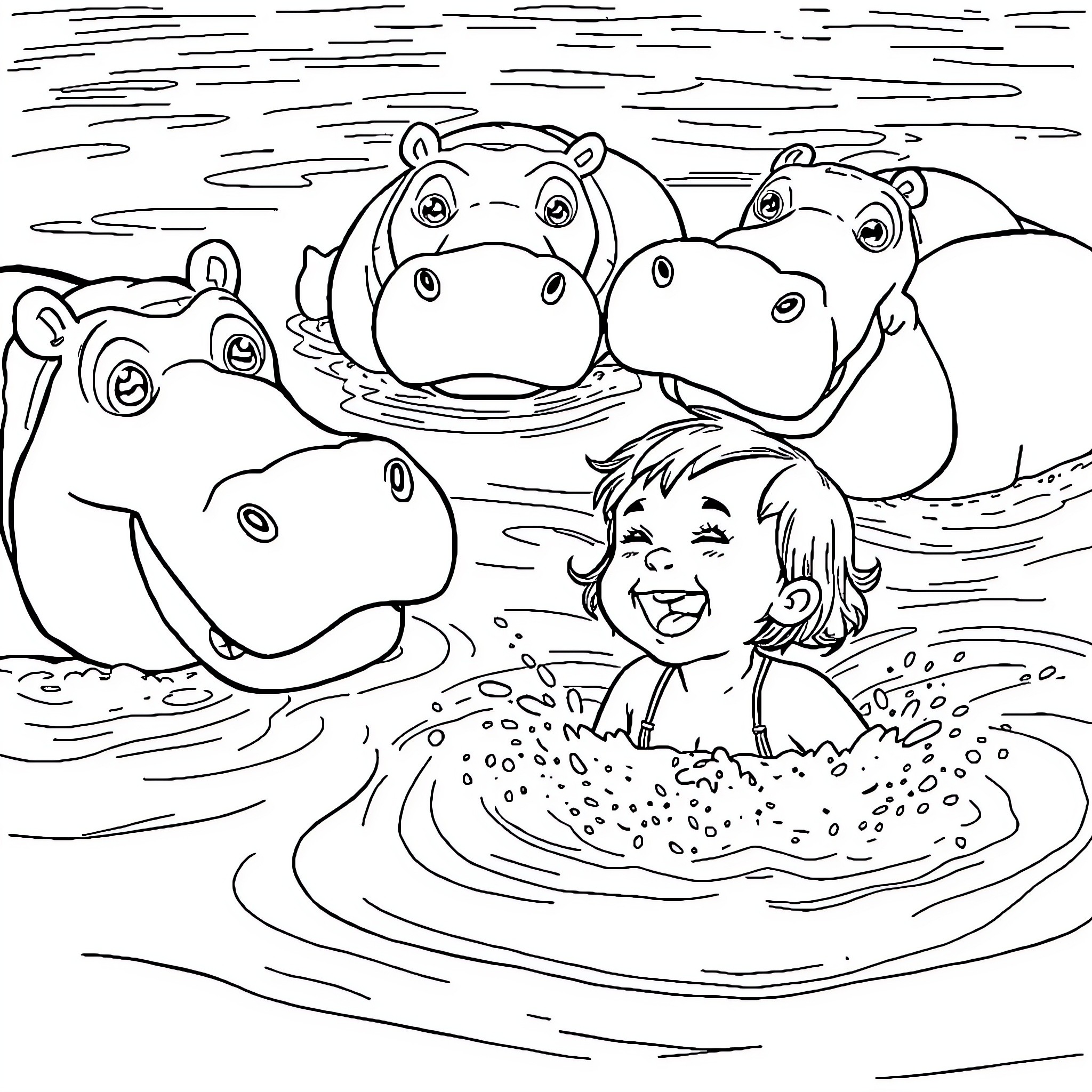 Baby Girl playing with cute hippos in the water Coloring Page (free black-and-white line drawing printable PDF for all, from beginners to advanced learners, including children, teens, adults, and seniors)