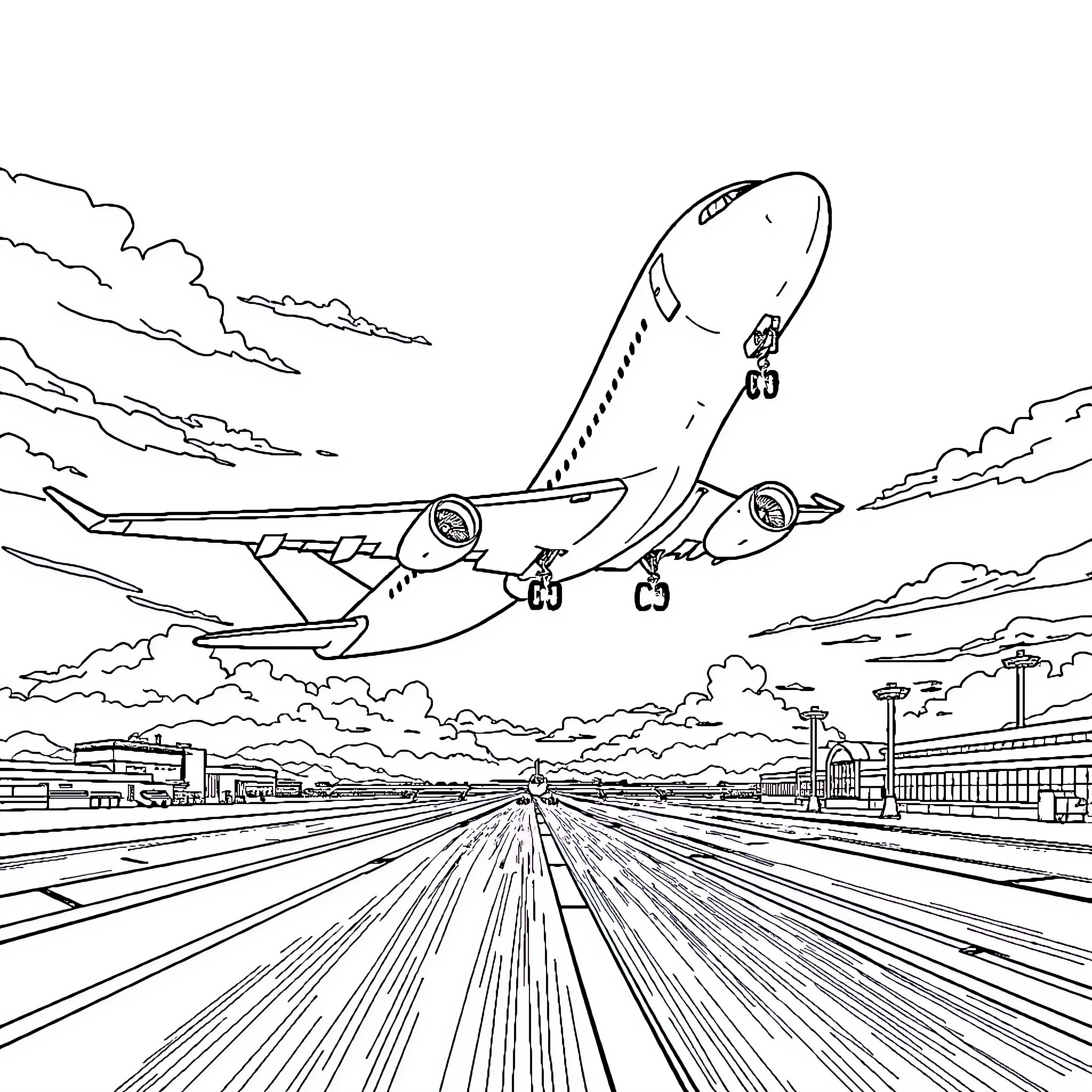Airplane taking off from airport runway Coloring Page (free black-and-white line drawing printable PDF for all, from beginners to advanced learners, including children, teens, adults, and seniors)