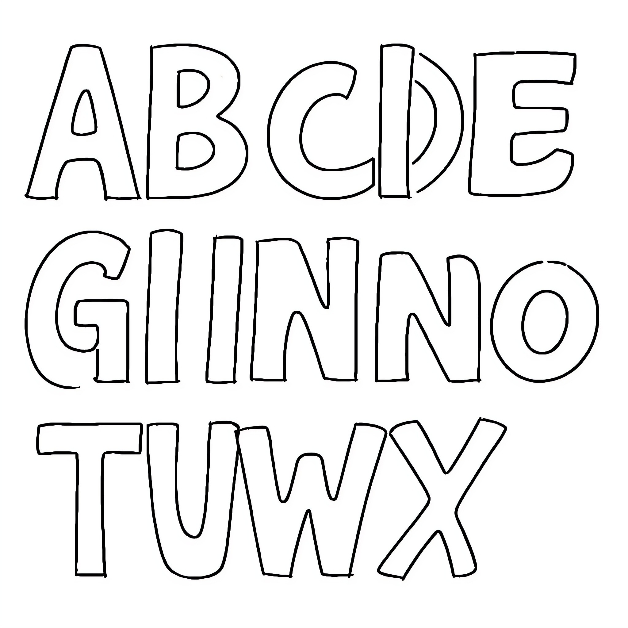 Alphabet letters in playful handwritten style Coloring Page (free black-and-white line drawing printable PDF for all, from beginners to advanced learners, including children, teens, adults, and seniors)
