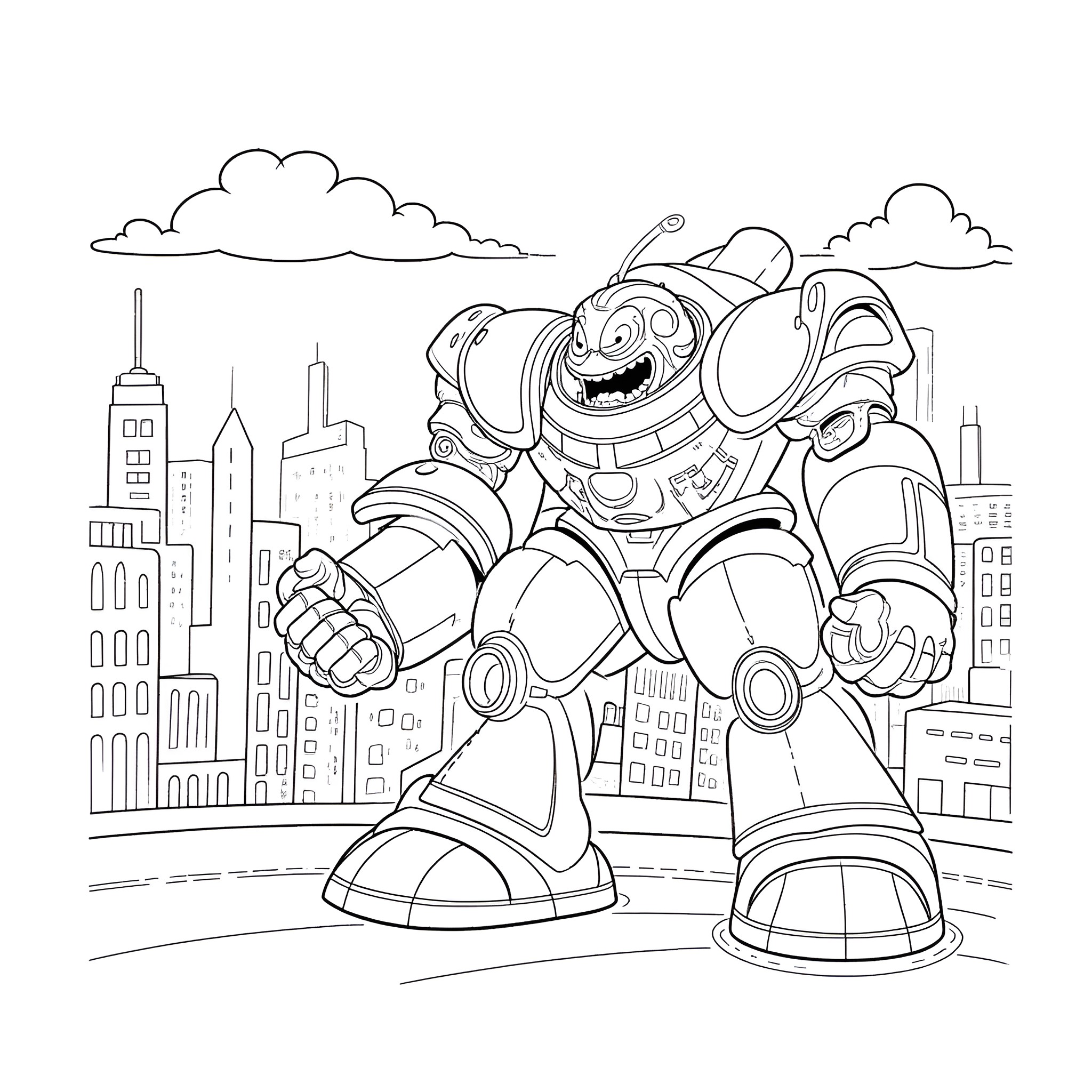 Bart Simpson as a giant robot in the city Coloring Page (free black-and-white line drawing printable PDF for all, from beginners to advanced learners, including children, teens, adults, and seniors)